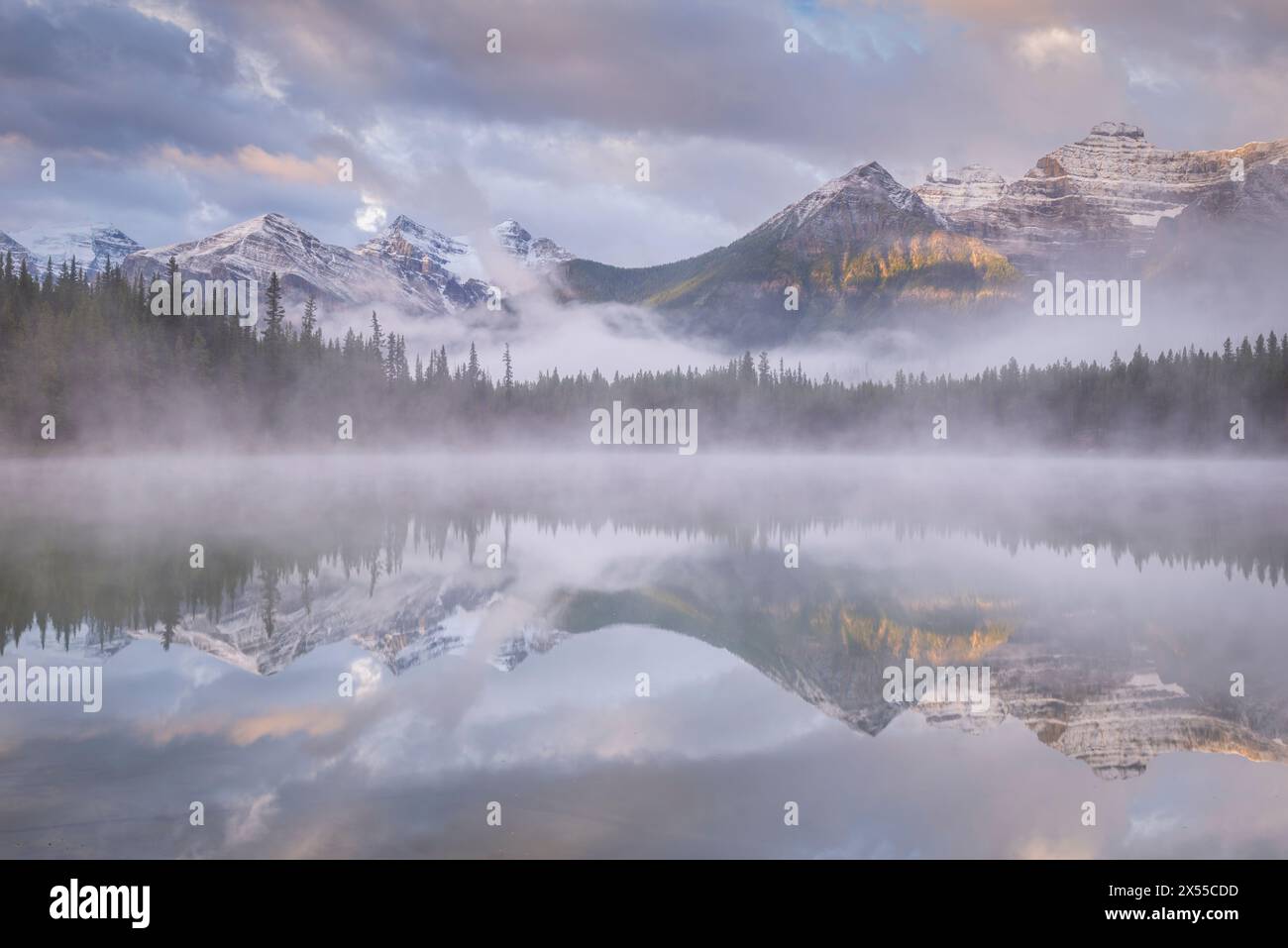 Lever de soleil brumeux au lac Herbert dans les Rocheuses canadiennes, parc national Banff, Alberta, Canada. Automne (septembre) 2016 Banque D'Images