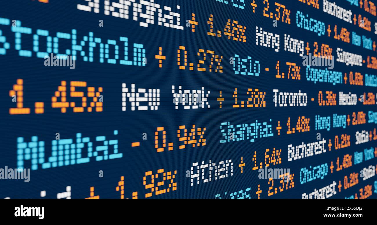 Ticker indice boursier avec les changements de prix des marchés mondiaux. Bourse et bourse, ticker avec variations d'indice. Marchés financiers, villes et perce Banque D'Images