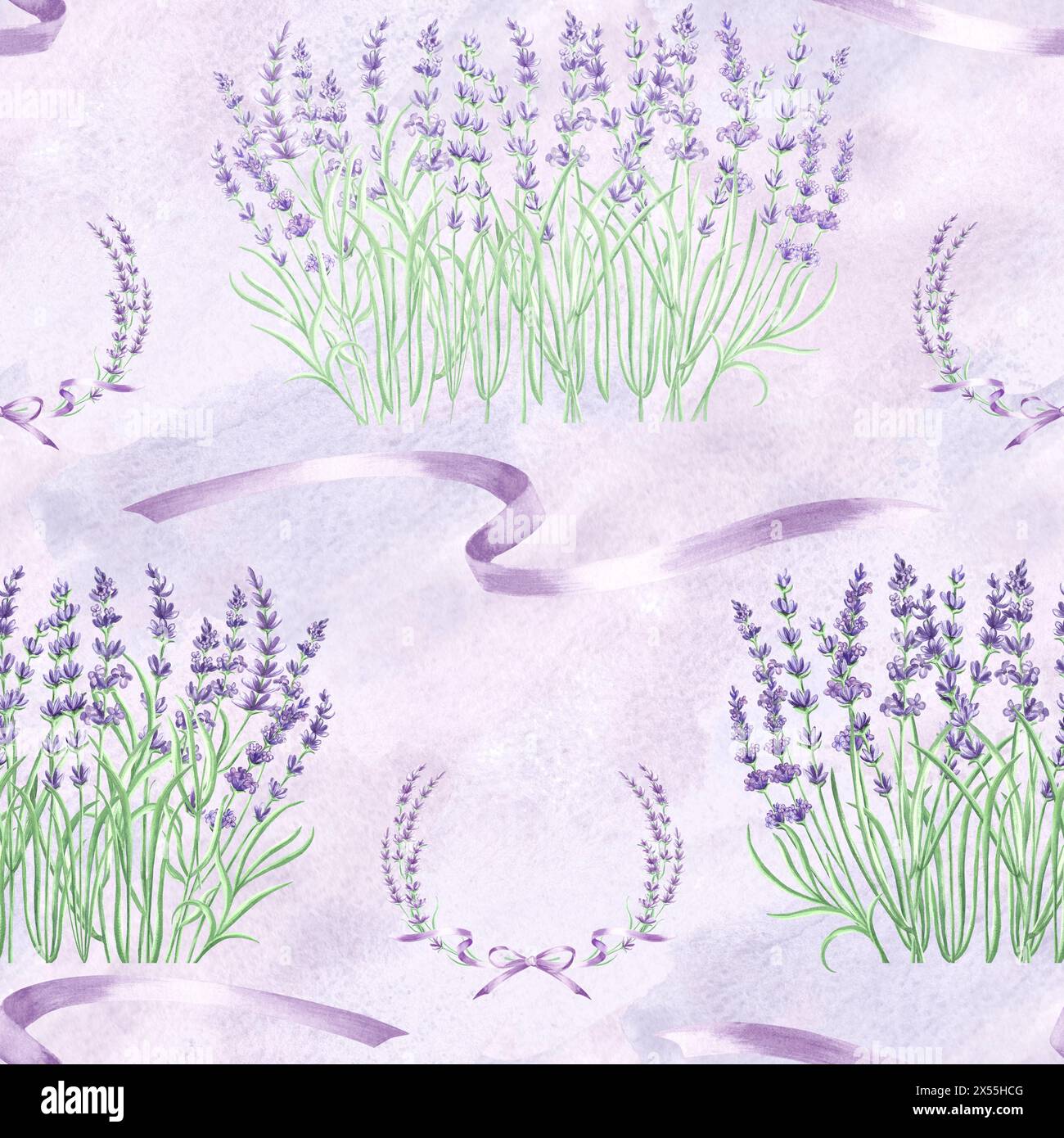 Motif lavande sans couture. Bouquet de fleurs violettes et rubans. Aquarelle dessin à la main illustration fond avec des plantes florales stylisées modèle f Banque D'Images