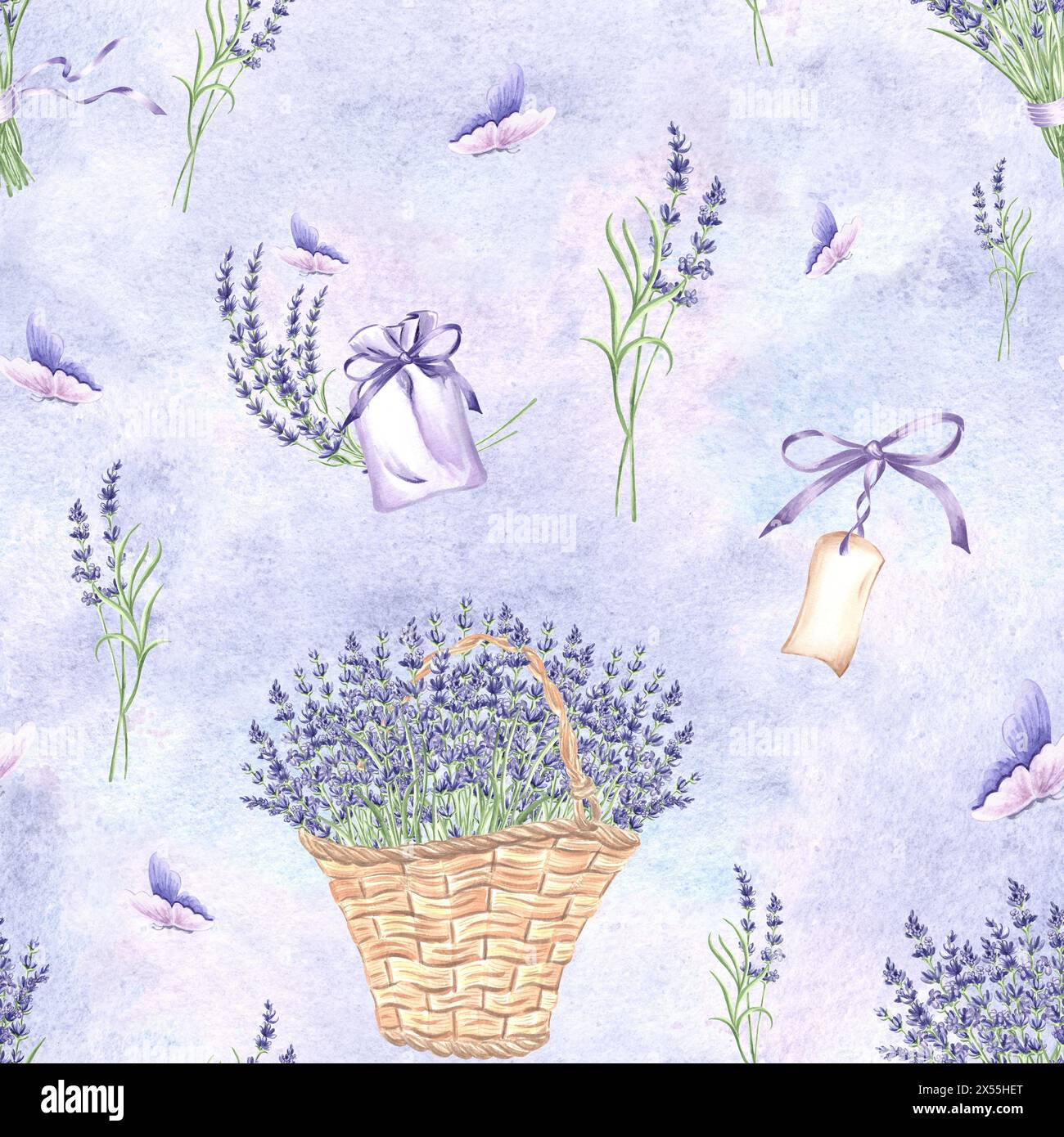 Lavande et papillons sans couture. Bouquet de fleurs violettes dans des paniers en osier. Fond d'illustration dessiné à la main à l'aquarelle avec plan floral Banque D'Images