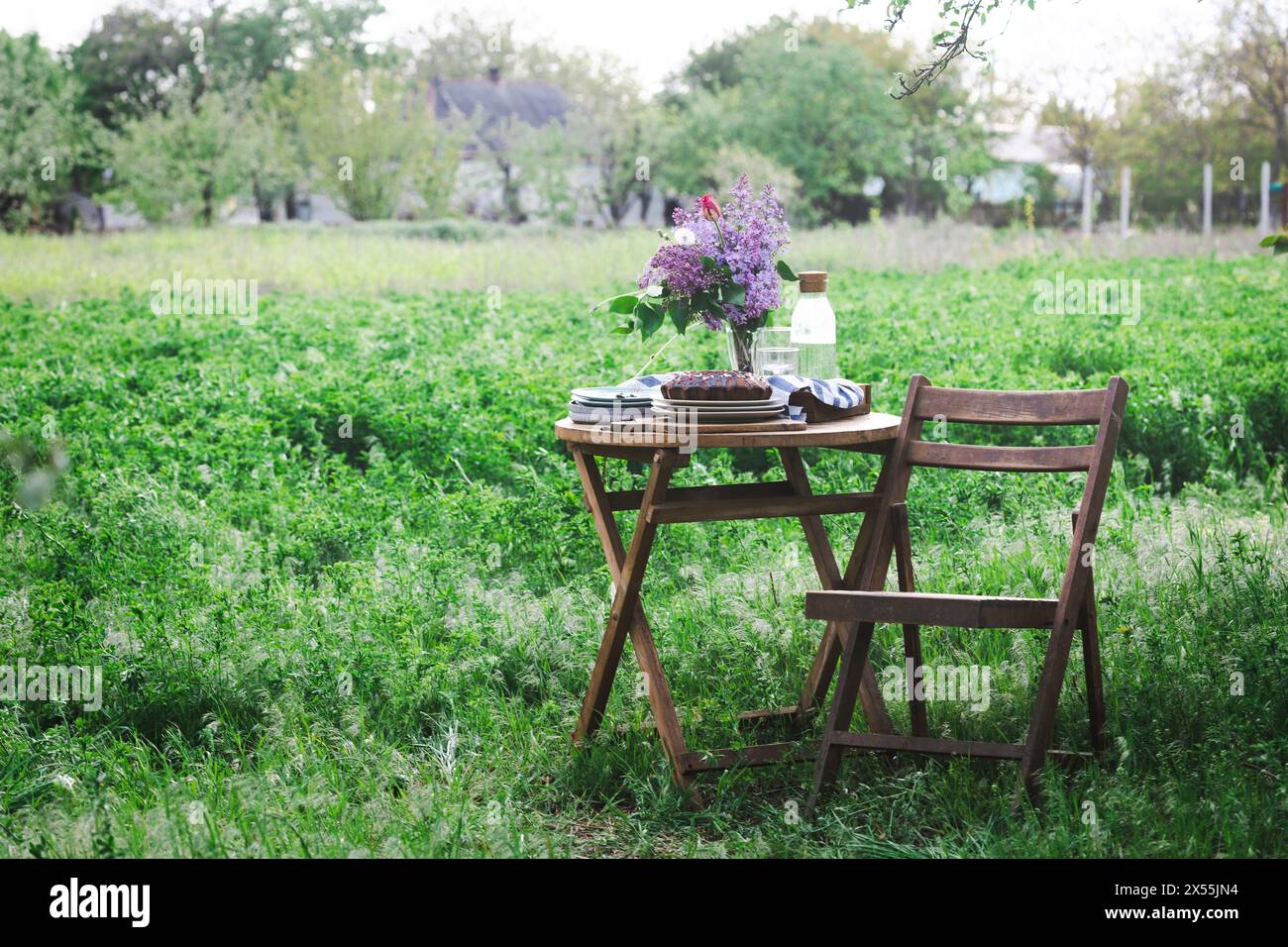 jardin et nature morte. thé dans le jardin - tarte, vase avec bouquet de lilas sur une table Banque D'Images