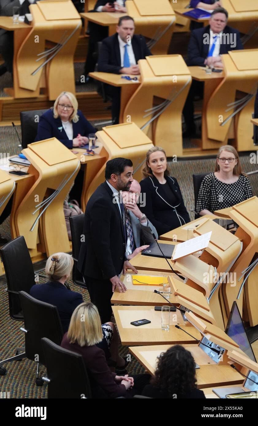 Humza Yousaf prononce son dernier discours devant le Parlement écossais en tant que premier ministre sortant, au Parlement écossais à Édimbourg. Date de la photo : mardi 7 mai 2024. Banque D'Images