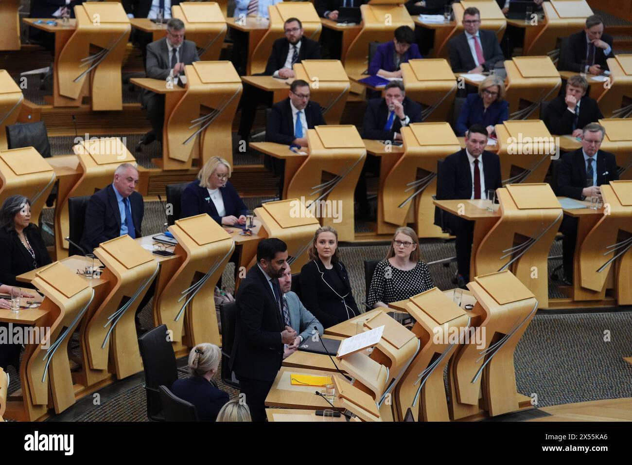 Humza Yousaf prononce son dernier discours devant le Parlement écossais en tant que premier ministre sortant, au Parlement écossais à Édimbourg. Date de la photo : mardi 7 mai 2024. Banque D'Images