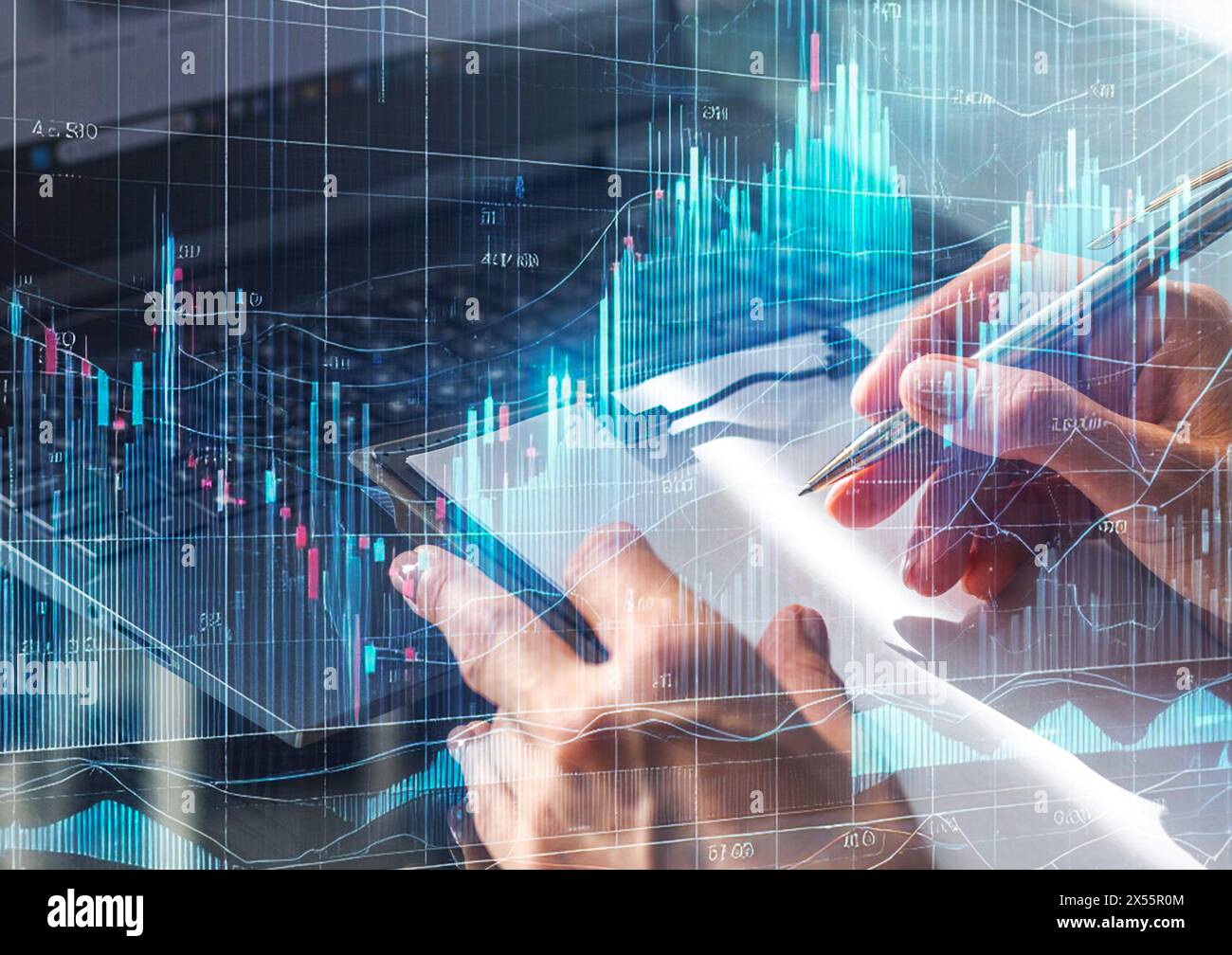 Gros plan de la femme avec de belles mains dans la tenue d'affaires, travaillant sur la tablette dans le bureau, prenant des notes. Graphiques de trading sur le foreg Banque D'Images
