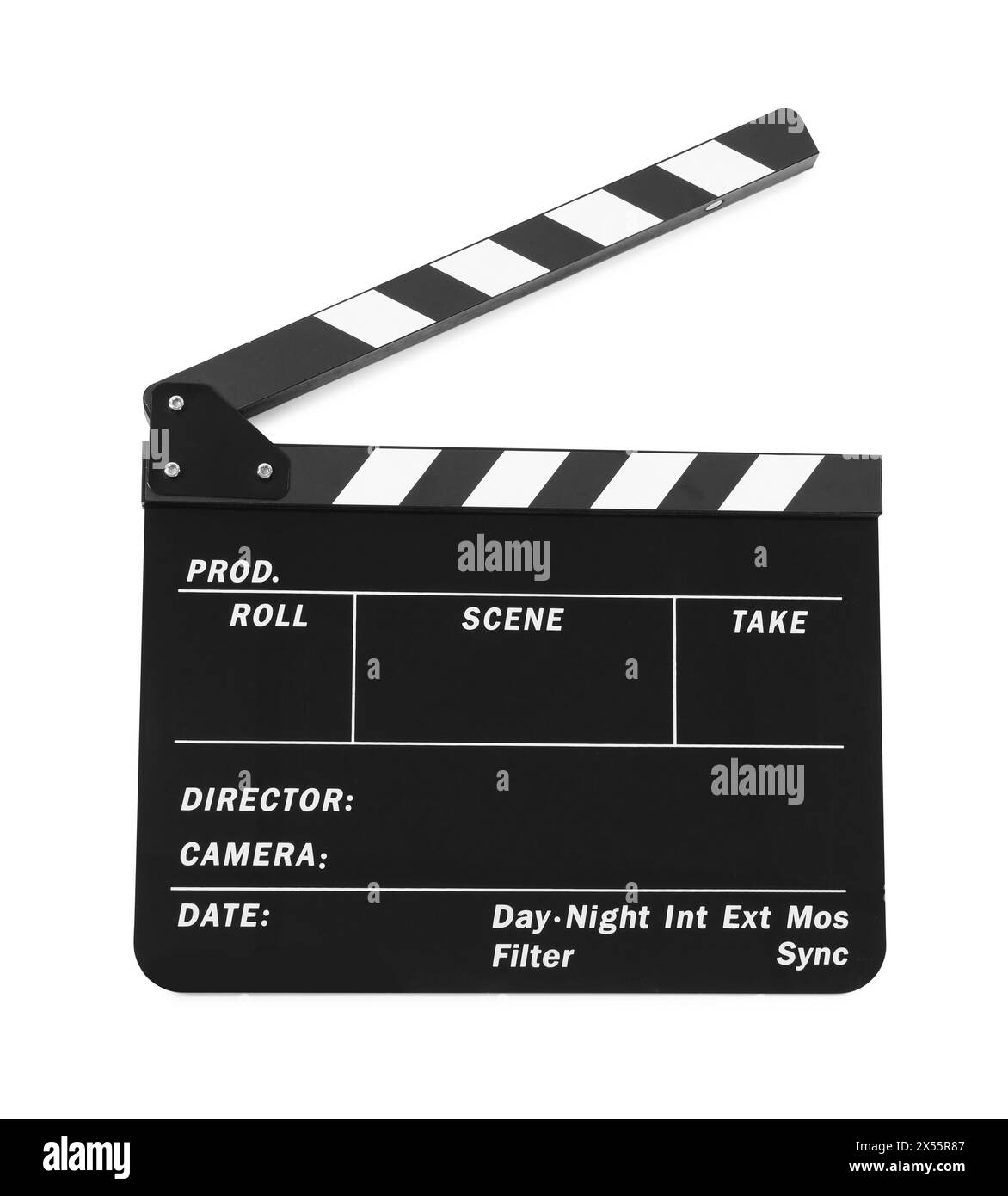 Un batteur de film isolé sur blanc. Industrie cinématographique Banque D'Images