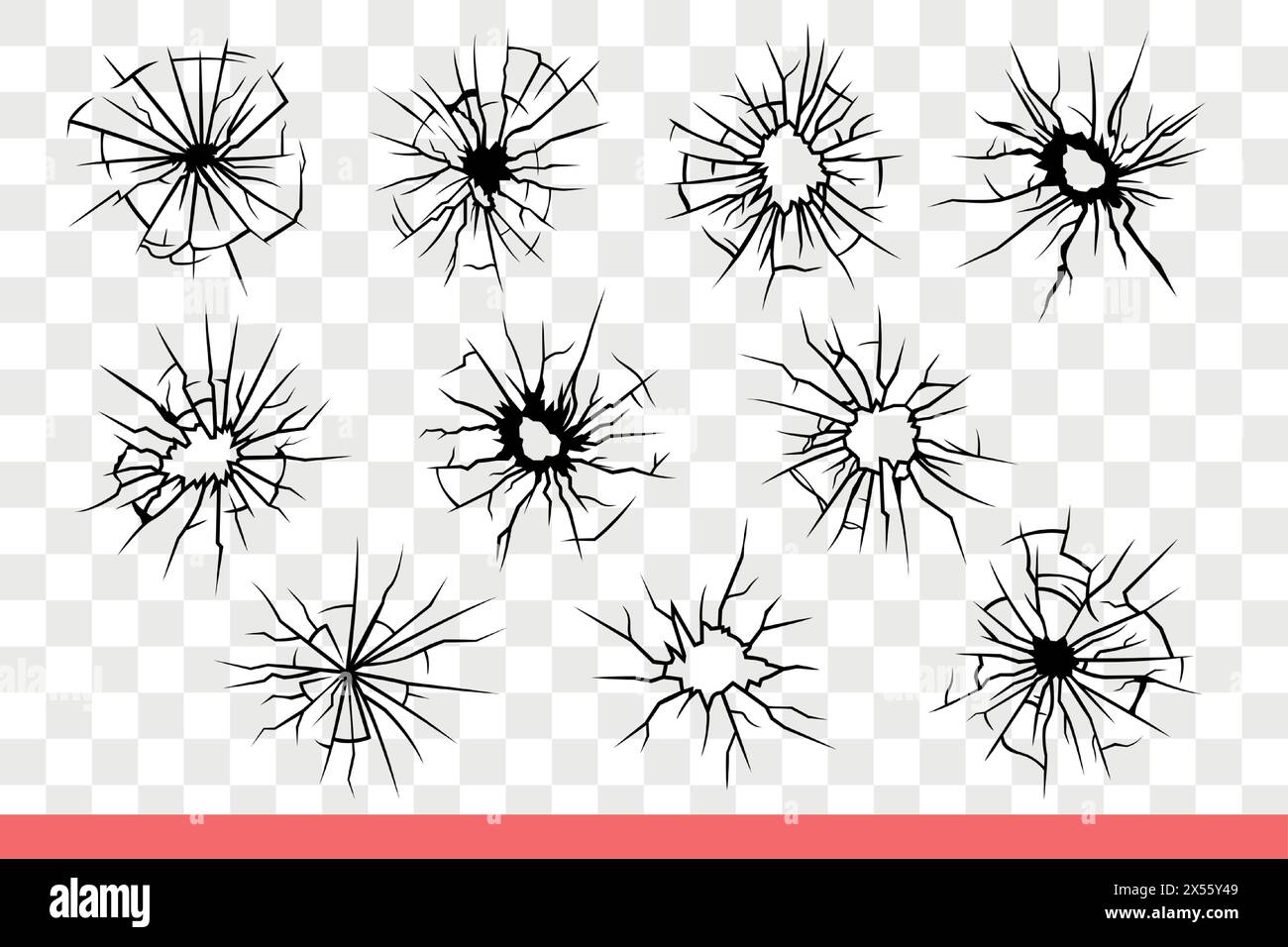 Trous de balle dans le verre brisé avec des fissures rayonnant sur les côtés après le tir de pistolet. Surface de fenêtre brisée avec des dommages causés par le tir avec une mitrailleuse pour tentative de meurtre. Gribouille dessinée à la main Illustration de Vecteur