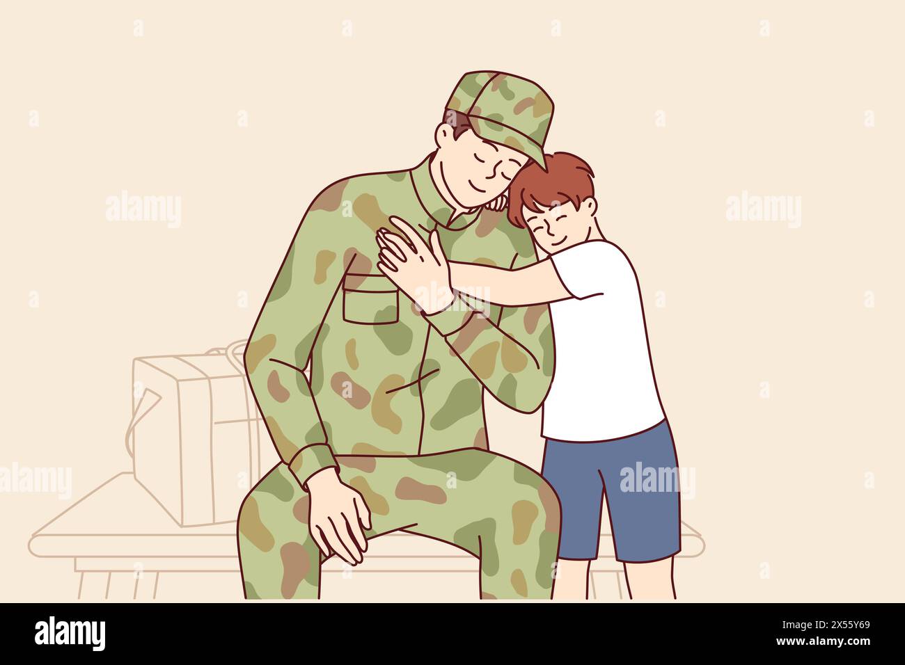 Retour à la maison du soldat qui a servi dans l'armée et se réjouit de la rencontre tant attendue avec son fils. Loving Boy rencontre le père héros dans des vêtements de camouflage de l'armée, ou effectuer une tâche dangereuse dans la guerre. Illustration de Vecteur