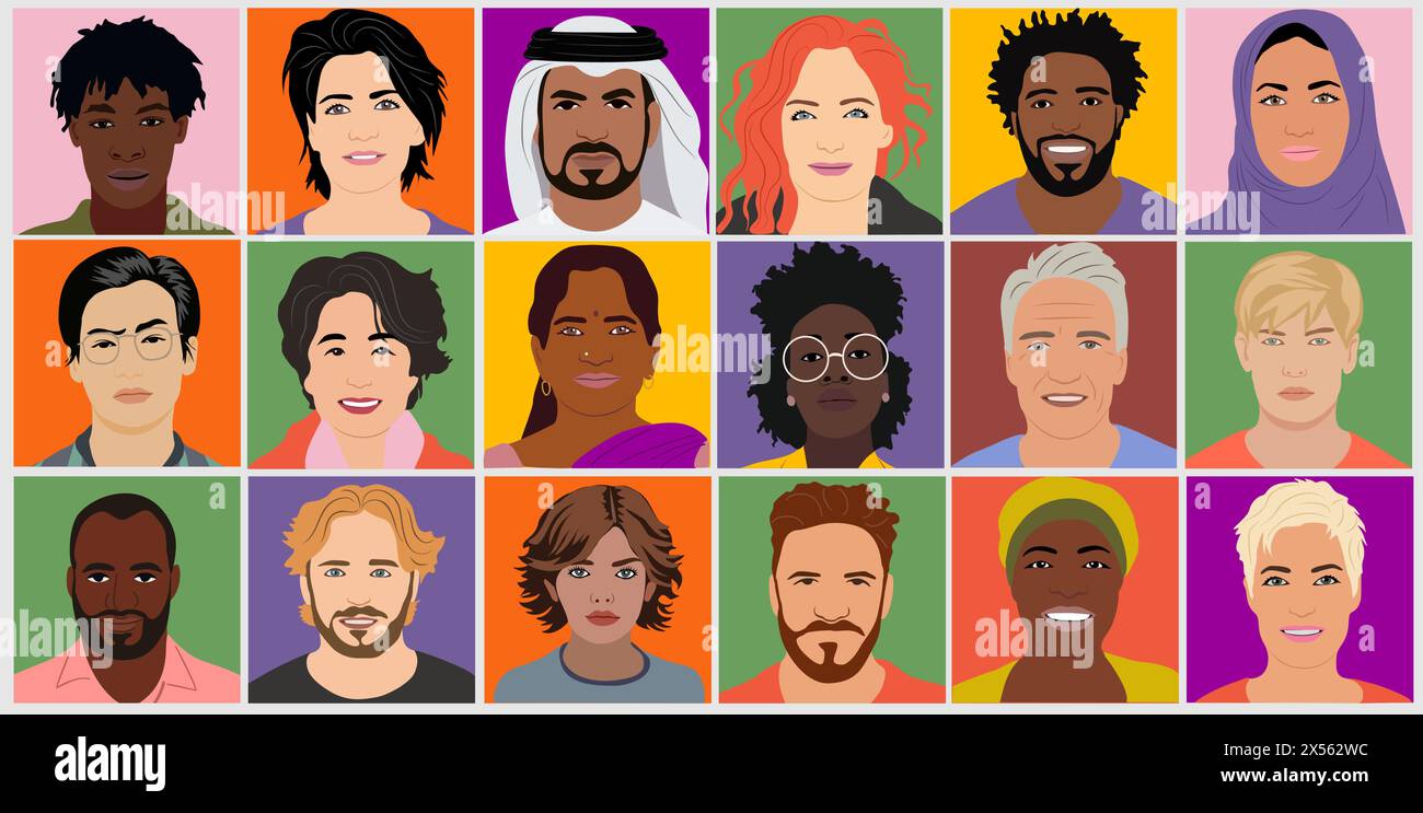 Ensemble d'avatars multiethniques multiraciaux hommes et femmes pour les réseaux de médias sociaux. Illustrations vectorielles de personnages de dessins animés diverses isolées sur BA coloré Illustration de Vecteur