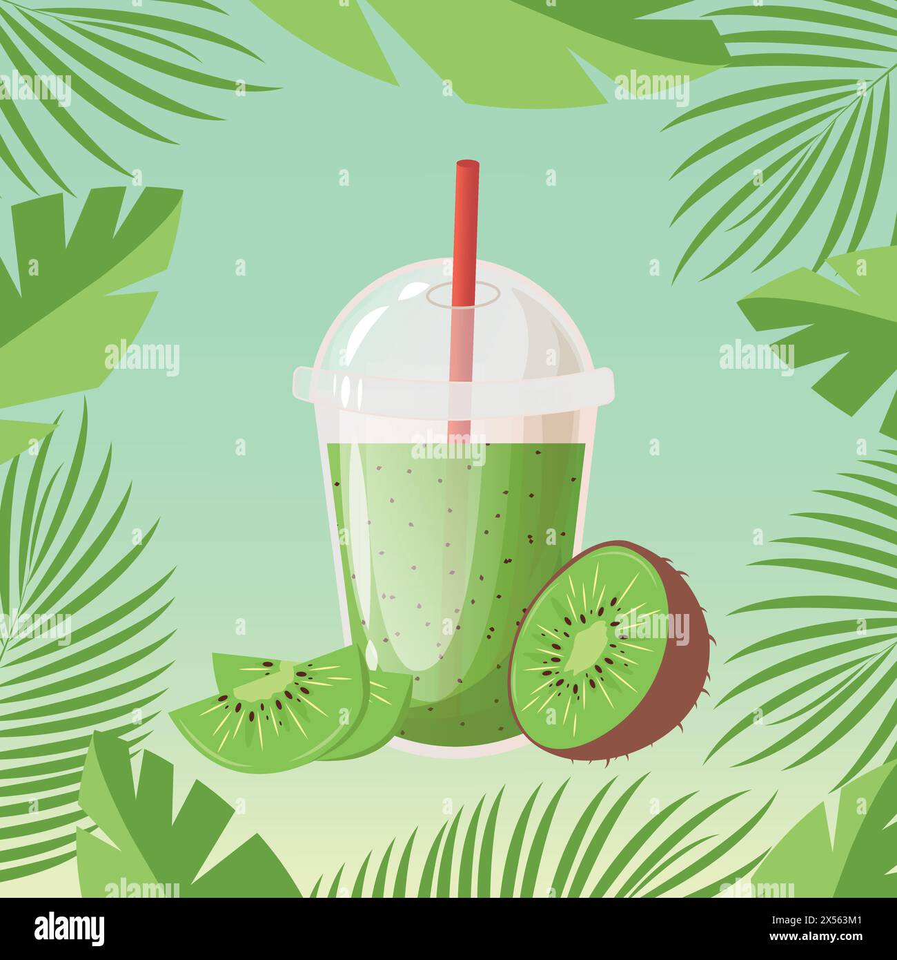 Jus de kiwi ou cocktail dans une tasse en plastique avec capuchon sphérique et tube à cocktail. Jus pressé frais. Illustration vectorielle sur fond dégradé et fra Illustration de Vecteur