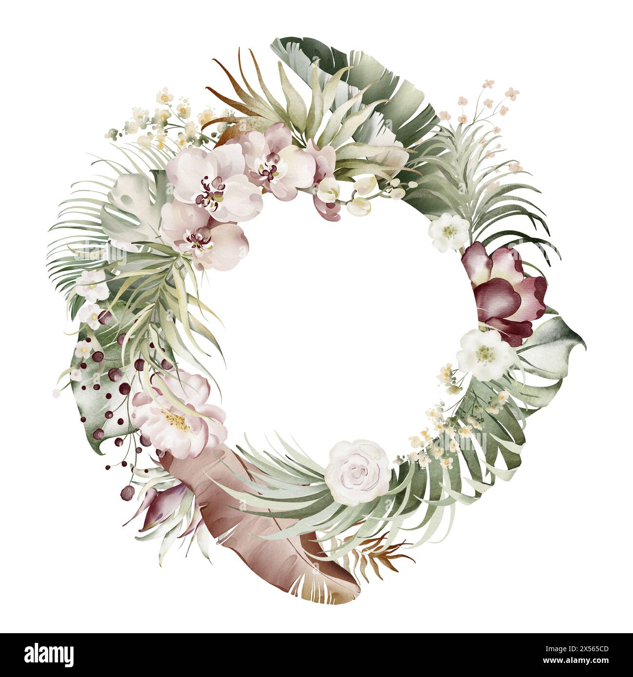 Couronne de feuilles d'aquarelle tropicale et de fleurs exotiques. Banque D'Images
