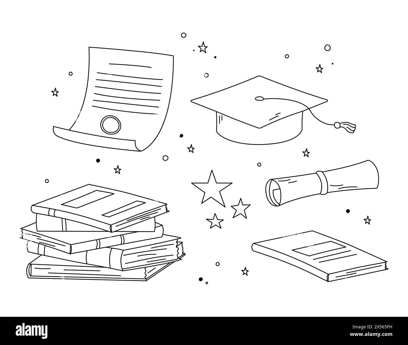 Jeu de vecteurs de doodles de graduation. Illustrations de casquette académique carrée isolée, mortarboard, diplôme, pile de livres et étoiles. Lycée, collège Illustration de Vecteur