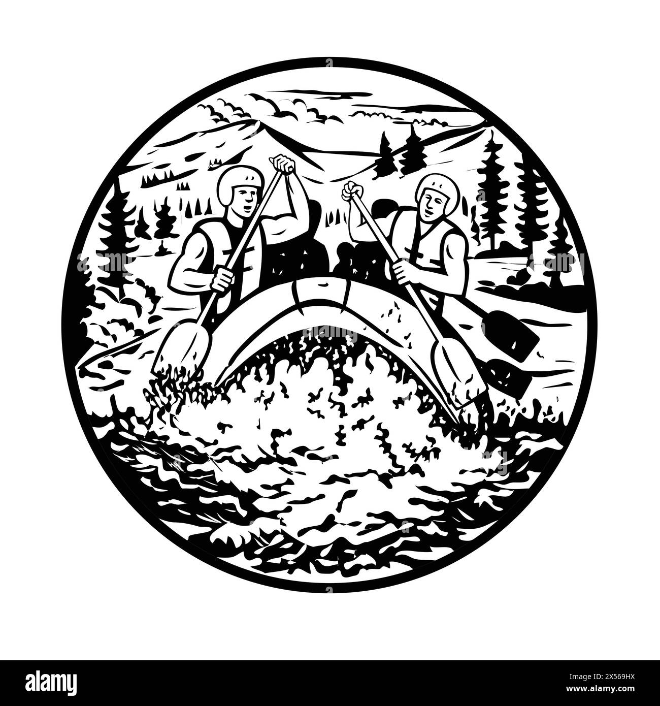 Illustration de style rétro de rafting en eau vive le long du fleuve Colorado à Estes Park, Rocky Mountain National Park, États-Unis mis en cercle Illustration de Vecteur