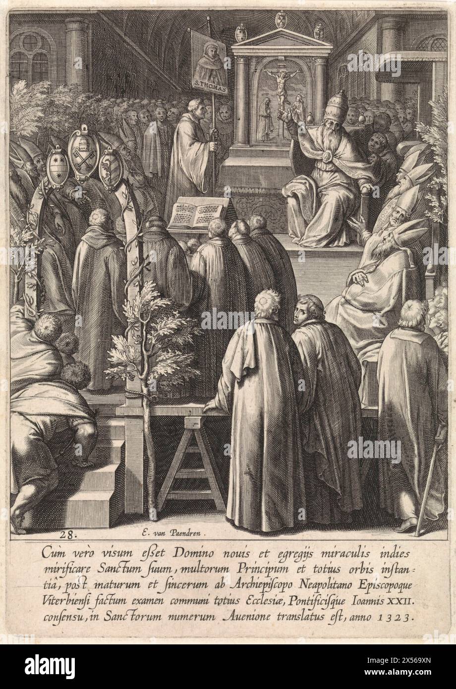 Canonisation de Thomas d'Aquin, Egbert van Panderen, d'après Otto van Veen, 1610 - intérieur de l'église avec le pape Jean XXII pointant vers une image de Thomas d'Aquin. Il est entouré de moines et d'évêques. Dans la marge une légende de cinq lignes en latin. Banque D'Images
