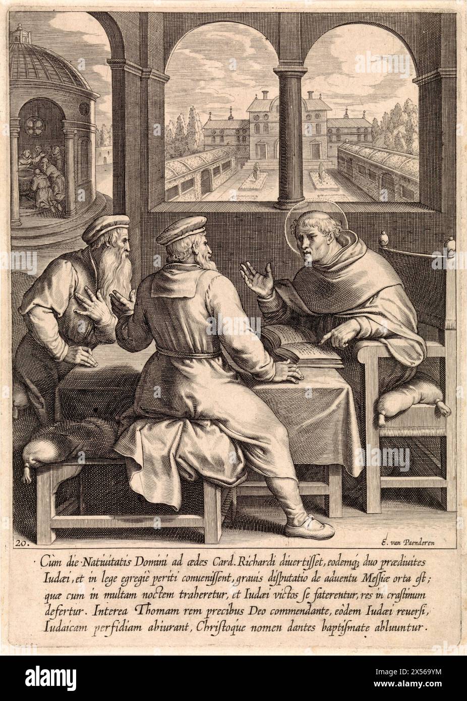 Thomas d'Aquin convertit deux rabbins juifs, Egbert van Panderen, après Otto van Veen, 1610 - Thomas d'Aquin est assis à une table et parle à deux rabbins juifs. En arrière-plan un jardin et une chapelle dans laquelle Thomas d'Aquin baptise deux hommes. Dans la marge une légende de cinq lignes en latin. Banque D'Images