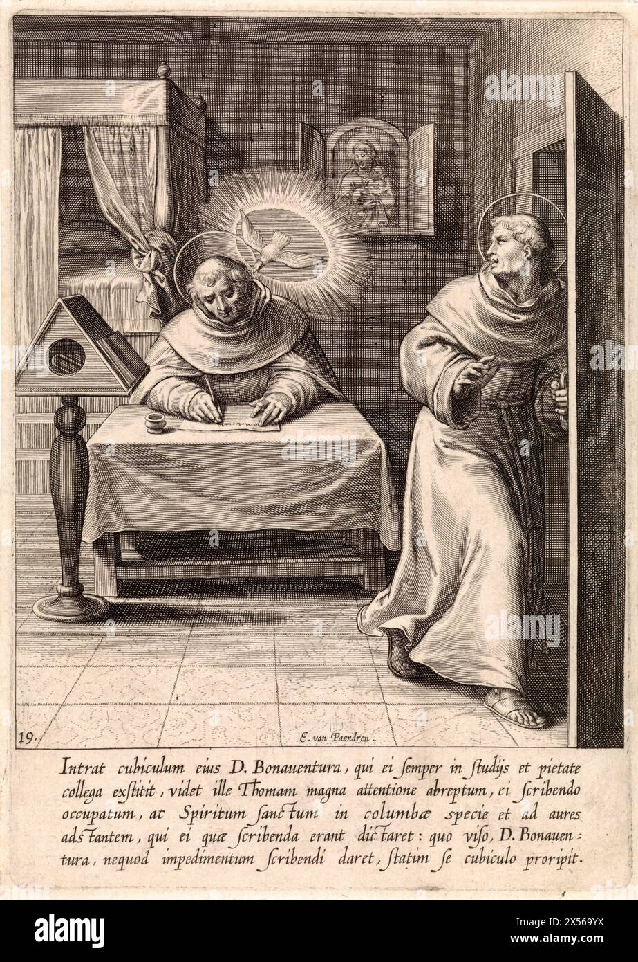 Thomas d'Aquin et Bonaventura, Egbert van Panderen, d'après Otto van Veen, 1610 - Bonaventure quitte la salle où Thomas d'Aquin écrit à sa table. Il est accompagné par le Saint-esprit comme une colombe. Dans la marge une légende de cinq lignes en latin. Banque D'Images