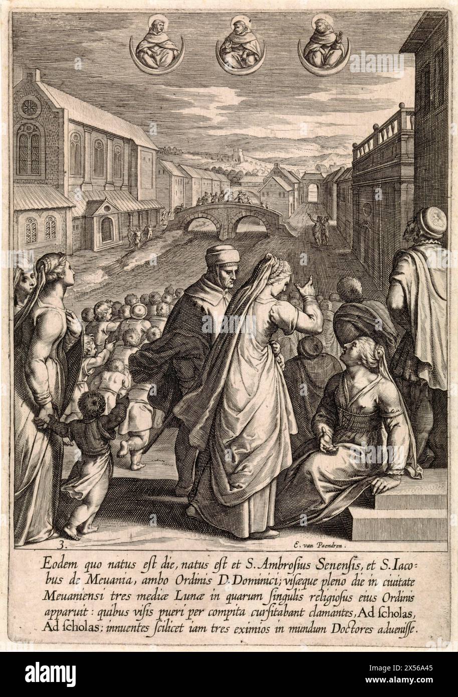 Apparition de trois dominicains, Egbert van Panderen, d'après Otto van Veen, 1610 - paysage urbain avec un groupe de personnages au premier plan, regardant vers le ciel. Là, ils voient trois croissants avec les bustes des Dominicains : Saint Thomas d'Aquin, Bienheureux Ambroise de Sienne et Bienheureux Jacques de Bevagna. Dans la marge une légende de cinq lignes en latin. Banque D'Images