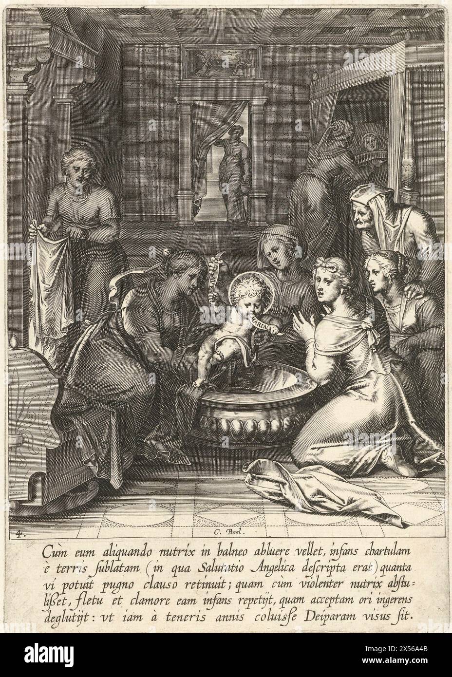 Thomas mange un papier avec 'Ave Maria', Cornelis Boel, d'après Otto van Veen, 1610 - le petit Thomas reçoit un bain après la naissance mais ne veut pas lâcher un papier avec le texte 'Ave Maria'. Parce que la vierge veut lui enlever le papier, il le mange. Tirage tiré d'une série de 30 tirages qui dépeignent l'histoire de la vie de Thomas d'Aquin. Banque D'Images