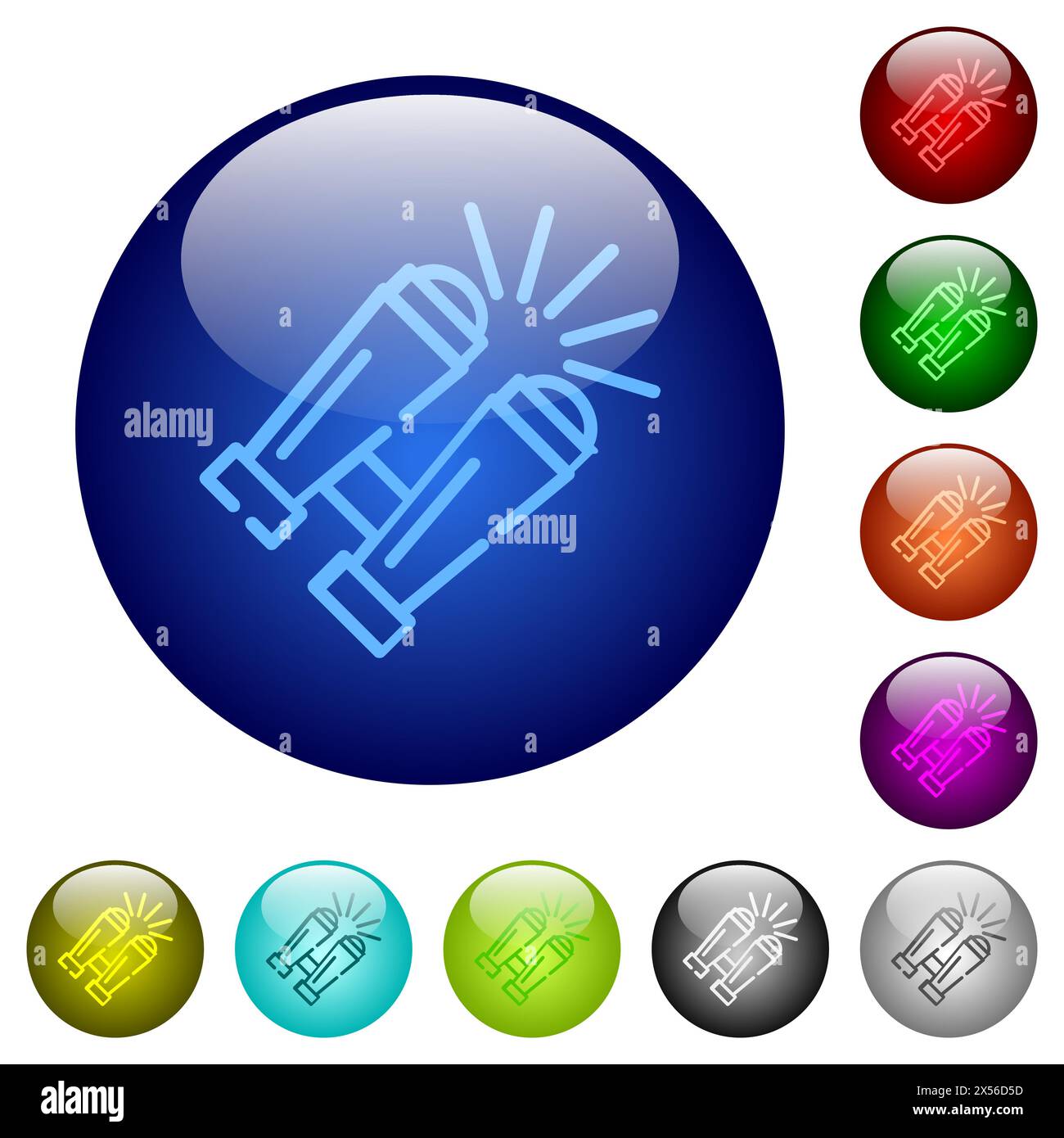 Les jumelles délimitent les icônes sur les boutons en verre rond en plusieurs couleurs. Structure de couches disposées Illustration de Vecteur
