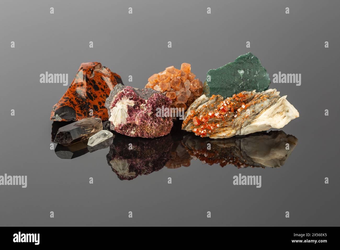 Groupe de pierres et de minéraux disposés en une rangée comprenant vanadinite sur barite, aragonite Spoutnik, cristaux d'érythrite, acajou obsidienne, Quartz fumé Banque D'Images