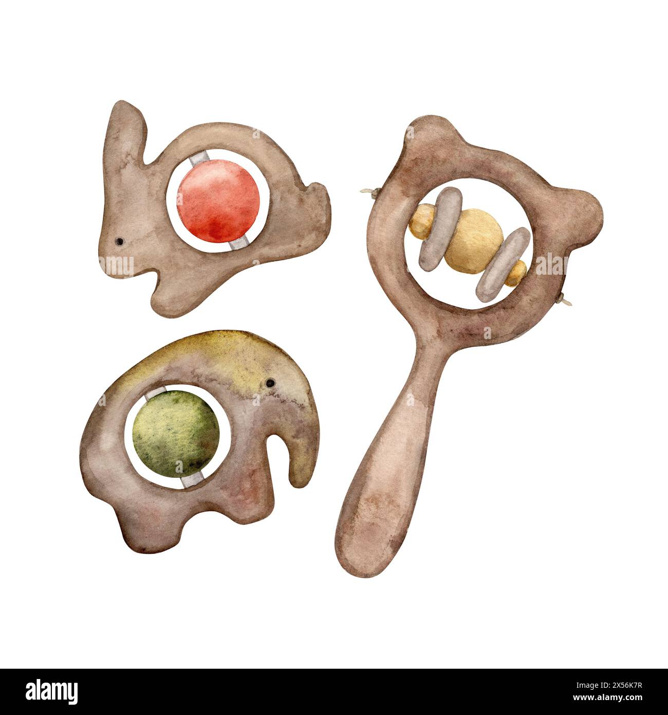 Un ensemble de hochets en bois pour enfants en forme d'animaux, un éléphant, un lièvre et un ours. Illustration aquarelle isolée pour cartes, autocollants, texte Banque D'Images