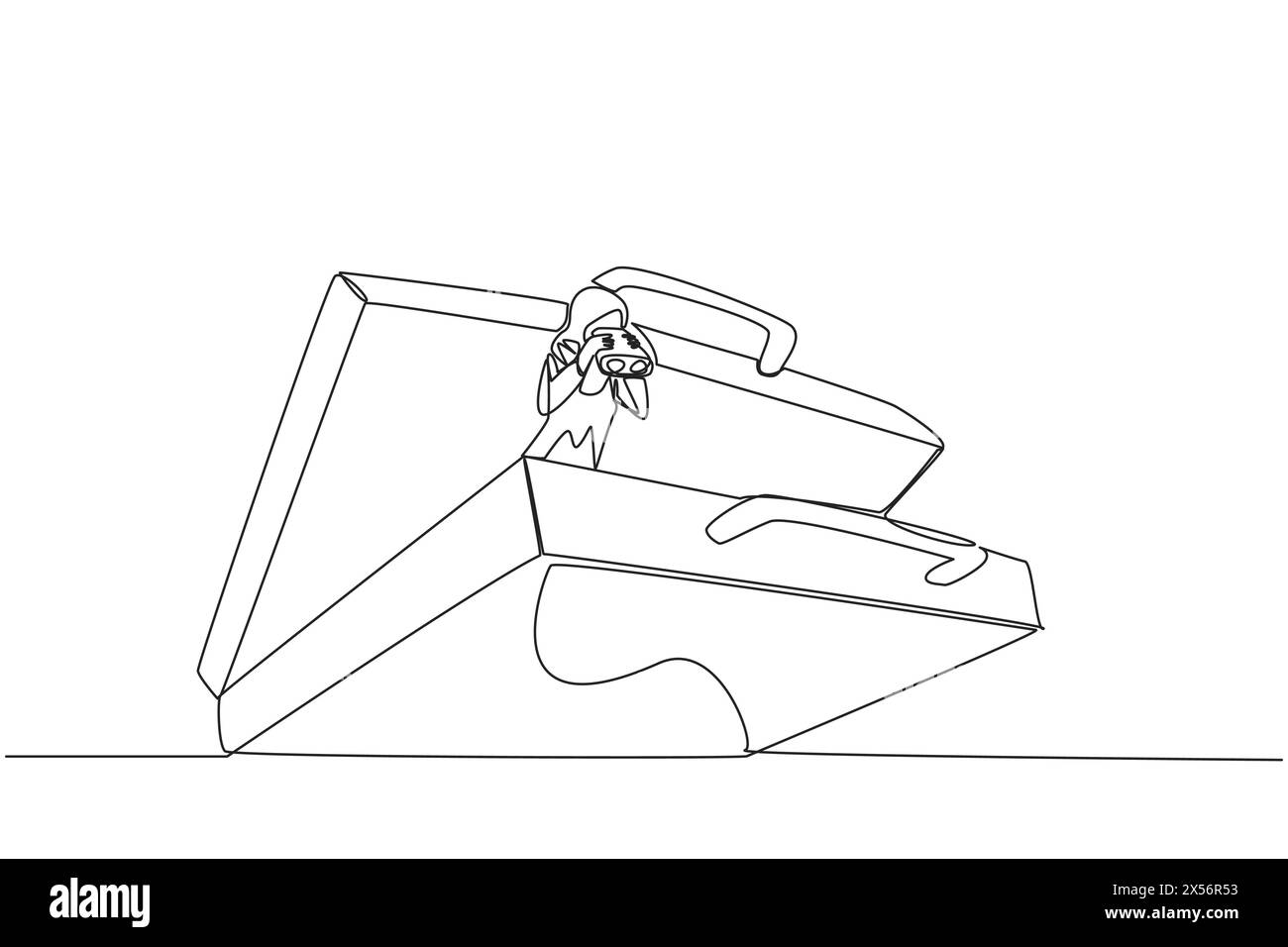 Une seule ligne continue dessinant femme d'affaires arabe émerge de la mallette chercher quelque chose avec des jumelles. Se préparer à évoluer vers une meilleure entreprise. B Illustration de Vecteur