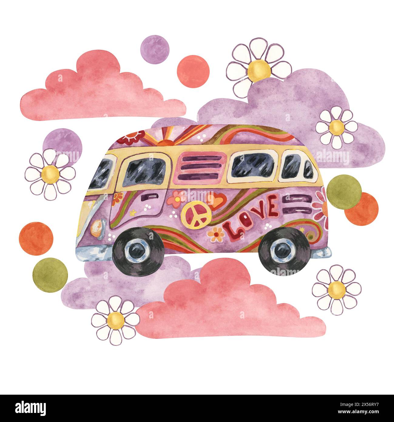 nuages violets roses, fourgon camping-car hippie groovy et marguerites. T-shirt imprimé avec des fleurs. Voiture de bus rétro Trippy pour voyage sur la route dans les années 70, style des années 60. Clipart nostalgique. T-shirt graphique vintage dessiné à la main Banque D'Images