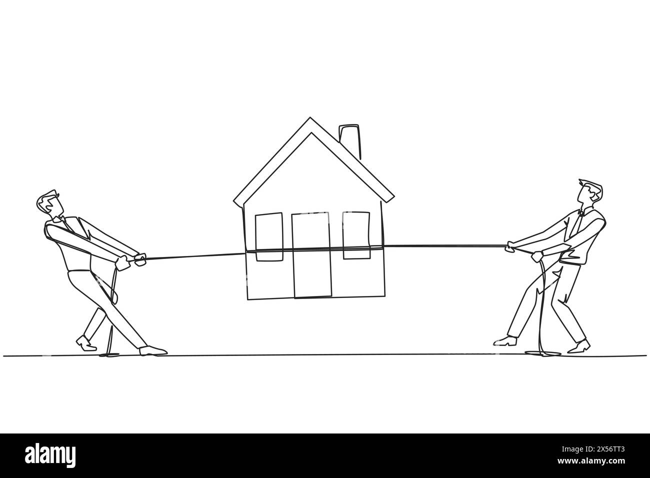 Continu d'une ligne dessinant deux hommes d'affaires se battent pour une maison miniature. Rivaliser pour obtenir une résidence officielle décente. Maison proche de l'emplacement des affaires Illustration de Vecteur