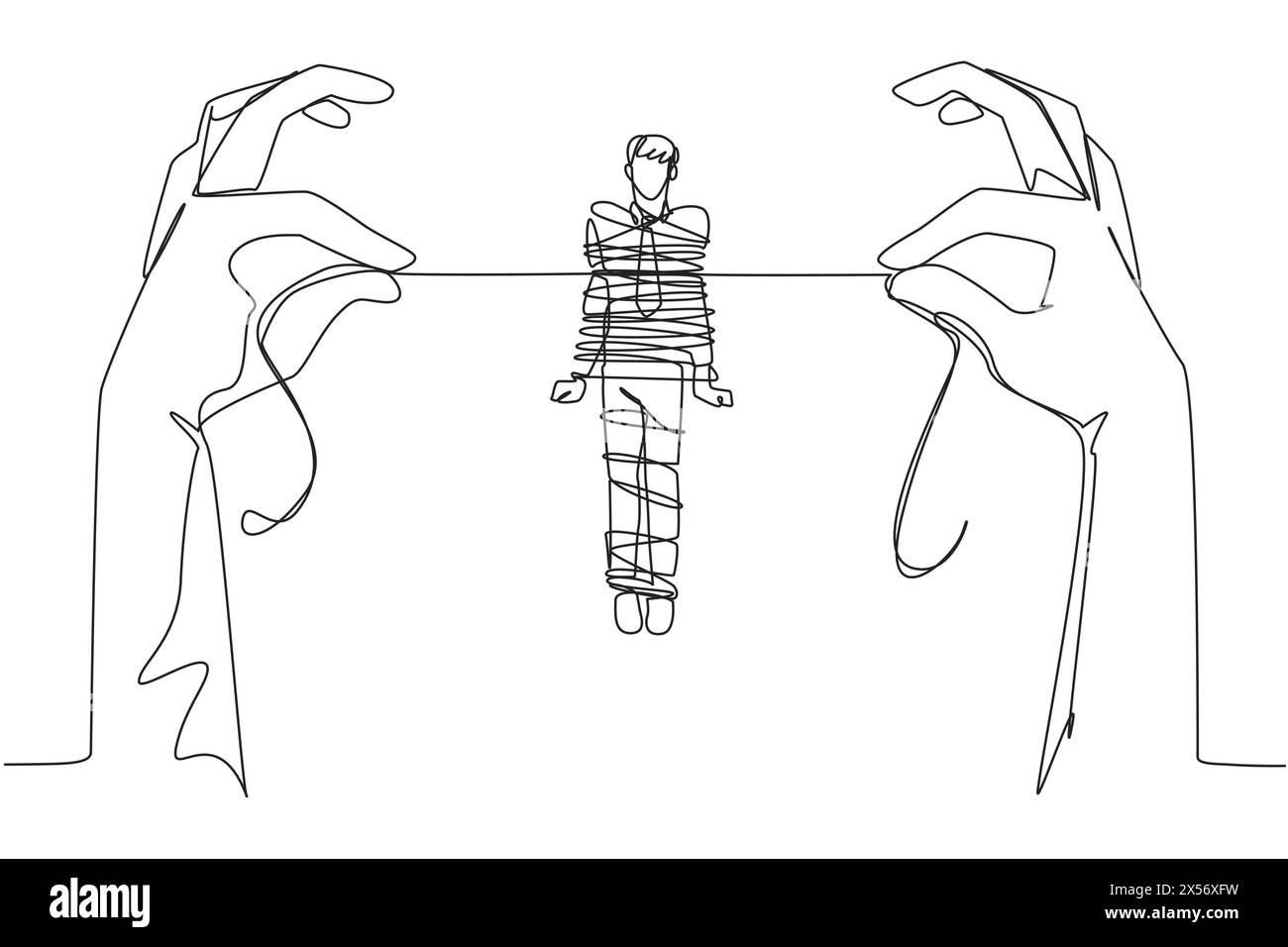 Simple une ligne dessinant homme d'affaires debout et attaché par une corde tenue par 2 mains géantes. La dette augmente. Aucun revenu. Affaires détruites. Failli. FA Illustration de Vecteur Simple une ligne dessinant homme d'affaires debout et attaché par une corde tenue par 2 mains géantes. La dette augmente. Aucun revenu. Affaires détruites. Failli. FA Illustration de Vecteur