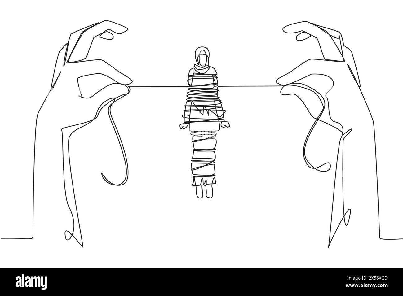 Simple une ligne dessinant femme d'affaires arabe debout et attaché par une corde tenue par 2 mains géantes. Utilisé comme garantie commerciale. Piégé dans la dette. Echec de la miser Illustration de Vecteur Simple une ligne dessinant femme d'affaires arabe debout et attaché par une corde tenue par 2 mains géantes. Utilisé comme garantie commerciale. Piégé dans la dette. Echec de la miser Illustration de Vecteur