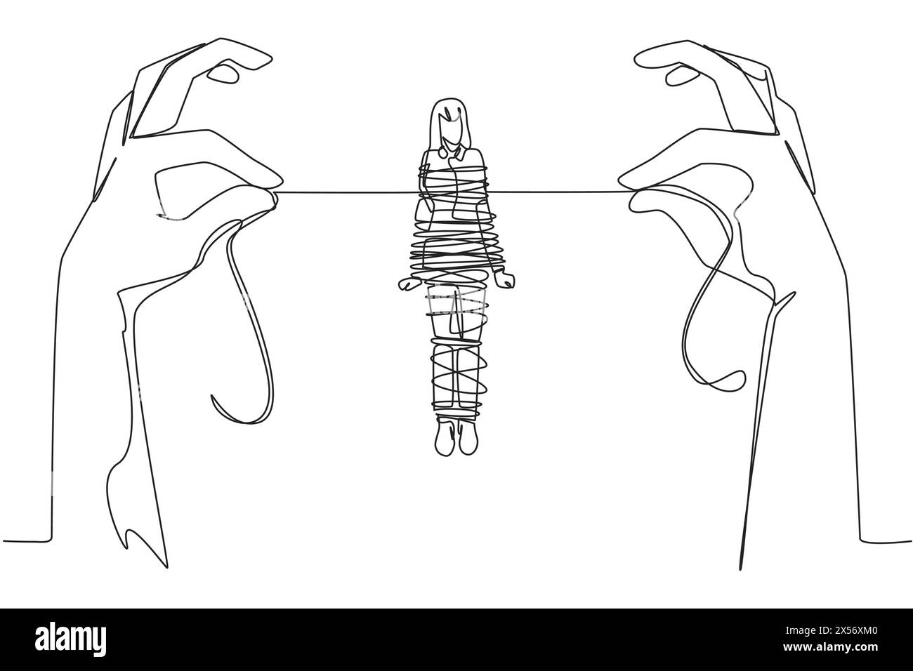 Simple ligne continue dessinant femme d'affaires debout et attachée par une corde tenue par 2 mains géantes. Ne peut se déplacer nulle part. Piégé dans la dette. Invasions frauduleuses Illustration de Vecteur Simple ligne continue dessinant femme d'affaires debout et attachée par une corde tenue par 2 mains géantes. Ne peut se déplacer nulle part. Piégé dans la dette. Invasions frauduleuses Illustration de Vecteur