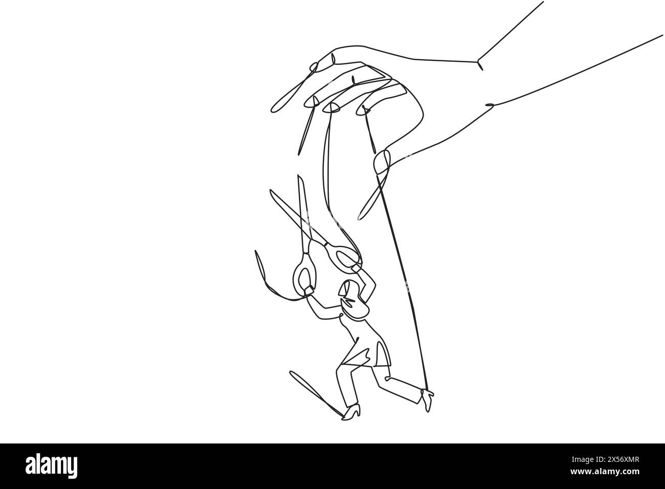 Simple une ligne dessinant femme d'affaires arabe marchant déplacé par des cordes contrôlées par la main géante. Démêler avec des ciseaux. Liberté d'avancer pour parier Illustration de Vecteur