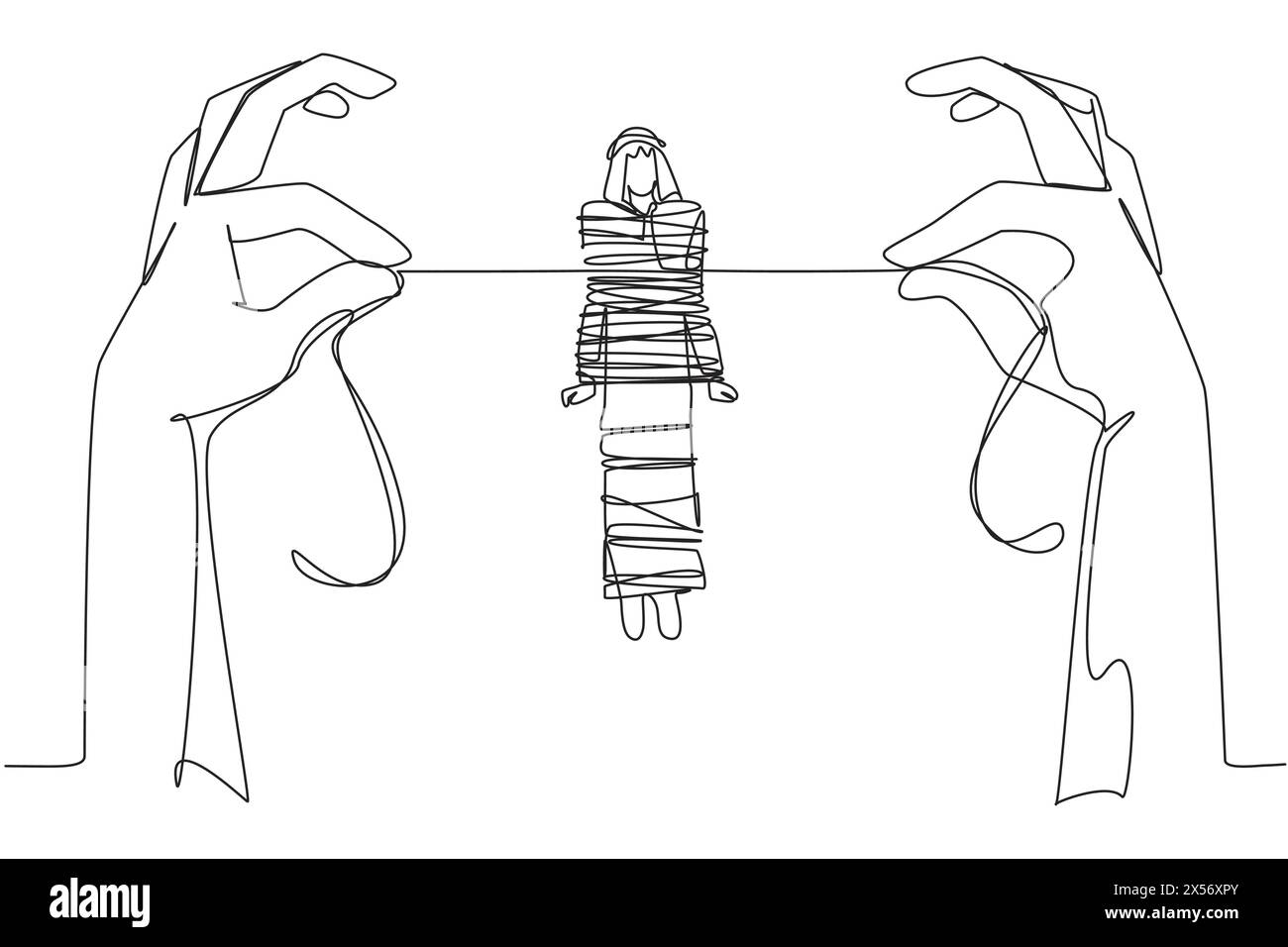 Continu d'une ligne dessinant homme d'affaires arabe debout et attaché par une corde tenue par 2 mains géantes. Capturé par des criminels. Demande de rançon. Impuissant. Detai Illustration de Vecteur Continu d'une ligne dessinant homme d'affaires arabe debout et attaché par une corde tenue par 2 mains géantes. Capturé par des criminels. Demande de rançon. Impuissant. Detai Illustration de Vecteur