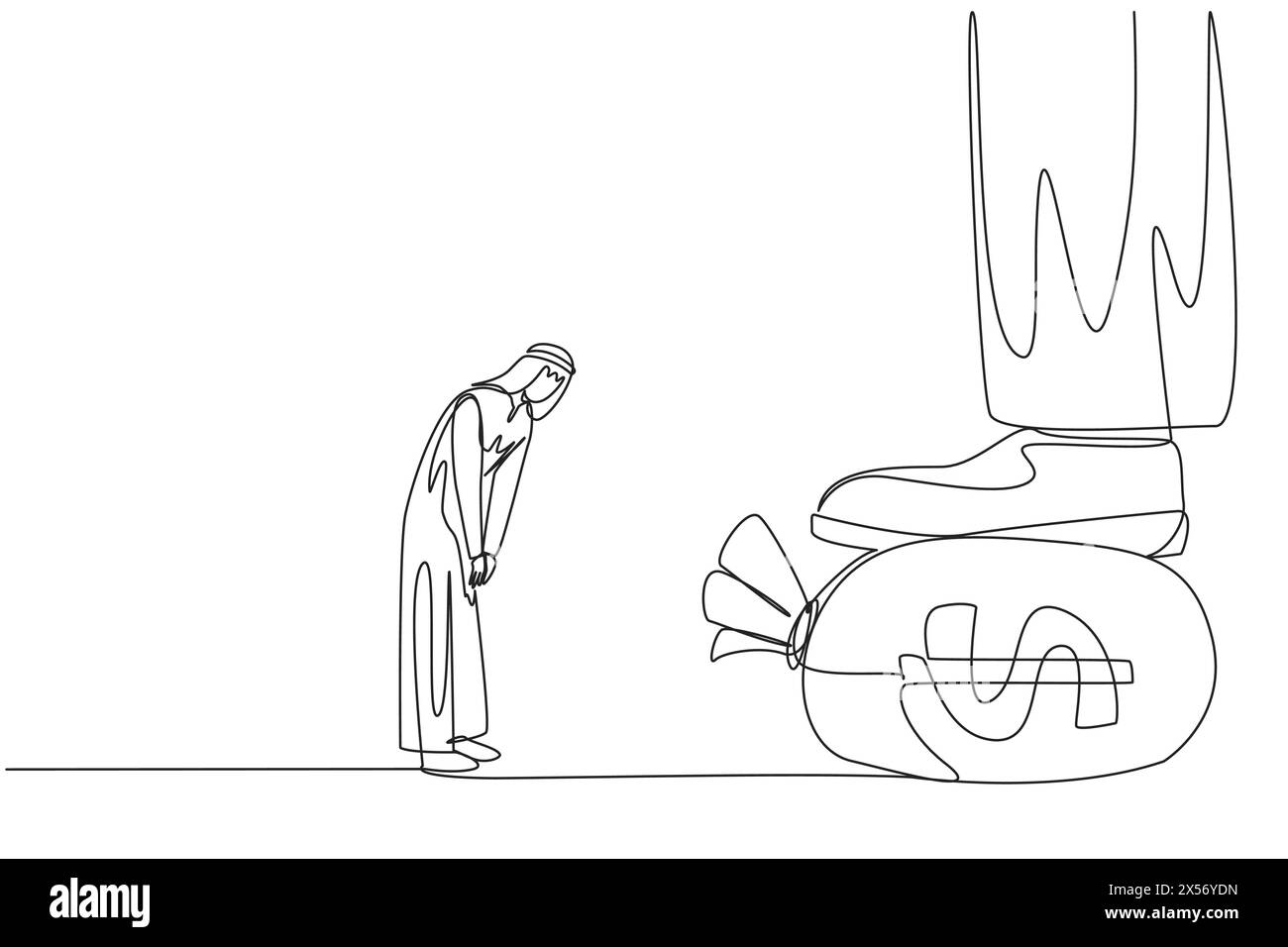 Une ligne dessinant un homme d'affaires arabe hocha la tête devant le pied géant marchant sur le sac d'argent. Donnez des ordres pour faire de gros profits. Obedie Illustration de Vecteur