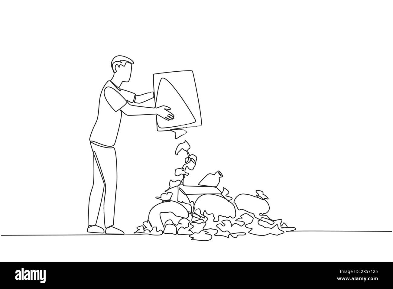 Simple une ligne dessinant l'homme jette les ordures dans la pile d'ordures. Protection de l'environnement. Jeter les ordures pas au bon endroit. L'air environnant devient moins c Illustration de Vecteur