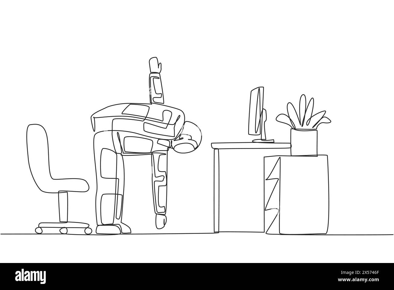 Une seule ligne continue dessinant l'astronaute se tient debout avec une main levée et l'autre main tenant le bout de la jambe. Échauffez-vous avant d'écrire un expedit d'espace Illustration de Vecteur