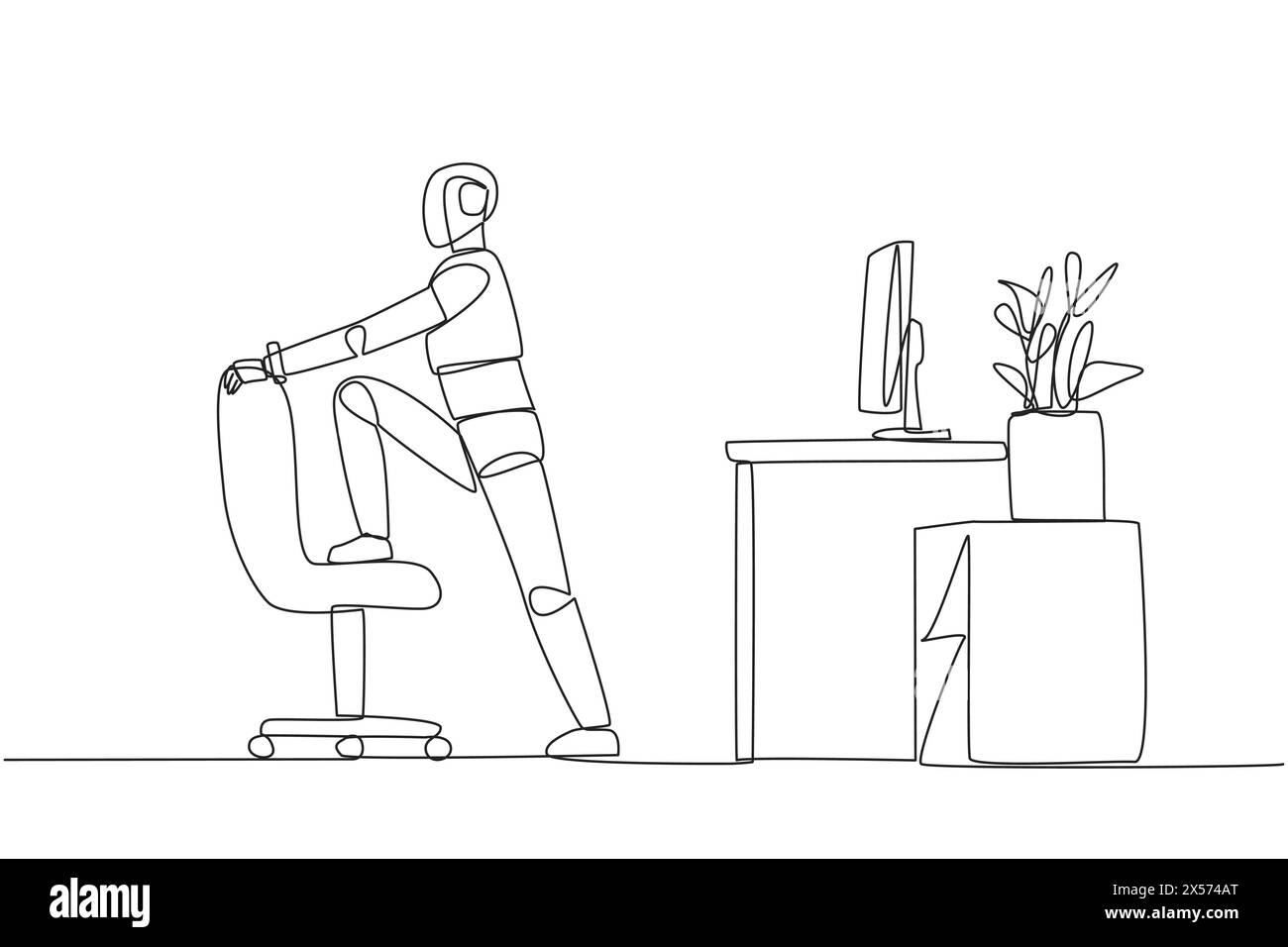 Un robot dessinant une ligne continue se tient debout tout en soulevant une de ses jambes sur une chaise. Exercice robotique. Fournir des conseils en ligne. Intelligence artificielle Illustration de Vecteur