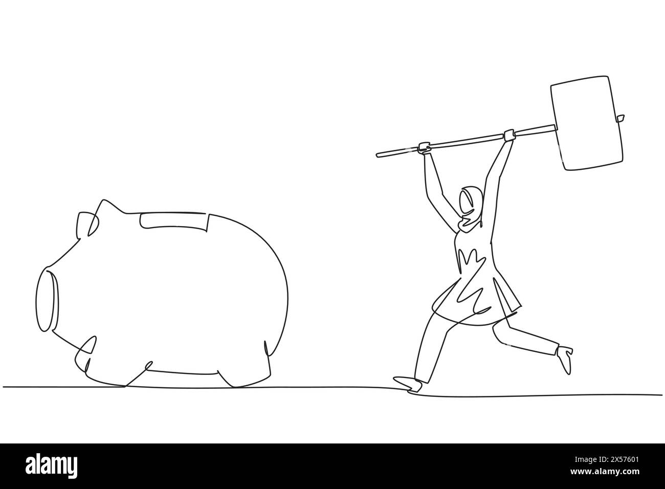 Simple une ligne dessinant une femme d'affaires arabe tenant un grand marteau poursuivant une grande tirelire en cours d'exécution. Besoin de plus d'argent. Creuser dans d'autres économies. Pr. Financier Illustration de Vecteur