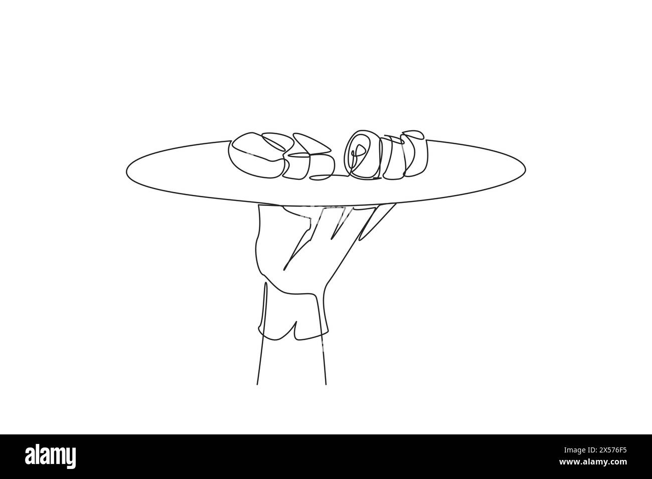 Serveur de dessin de ligne continue unique tenant un plateau alimentaire servant des sushis. Poisson et légumes enveloppés dans du riz et mélangés avec du vinaigre. Nourriture typique d'Un Illustration de Vecteur