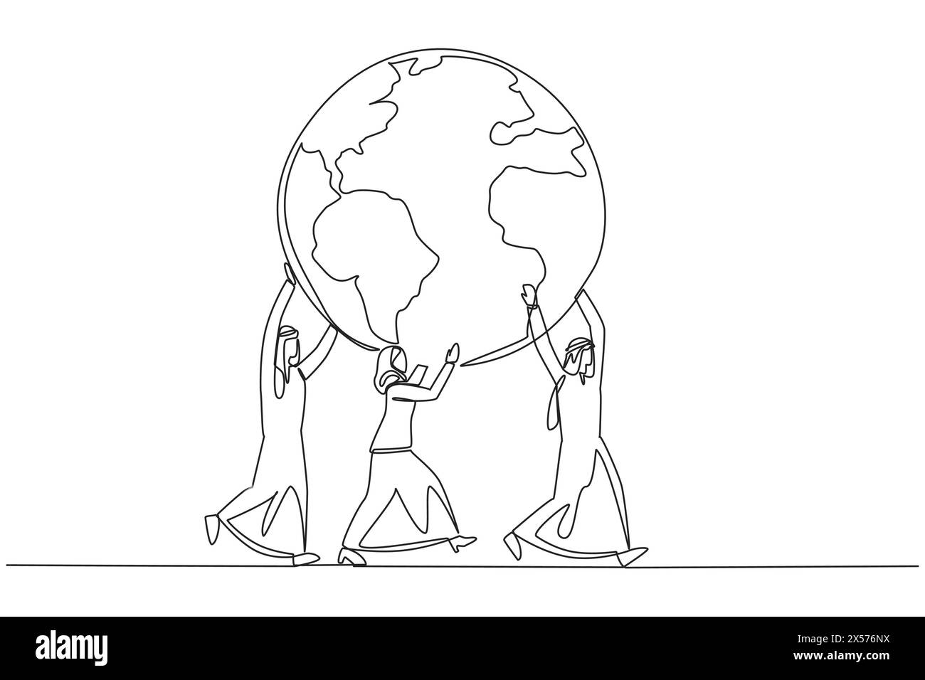 Un seul groupe de dessin d'une ligne d'hommes d'affaires arabes et de femmes d'affaires arabes travaillant ensemble pour porter le globe. Travaillez dur ensemble. Dominer le marché. GLO Illustration de Vecteur