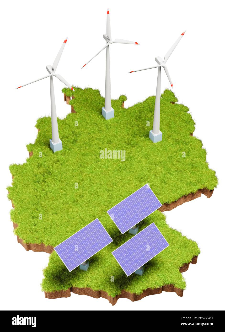 Energie renouvelable avec panneaux solaires et éoliennes en Allemagne concept. Zone d'herbe avec le sol ci-dessous sous la forme de l'Allemagne avec des panneaux solaires ajoutés et Banque D'Images