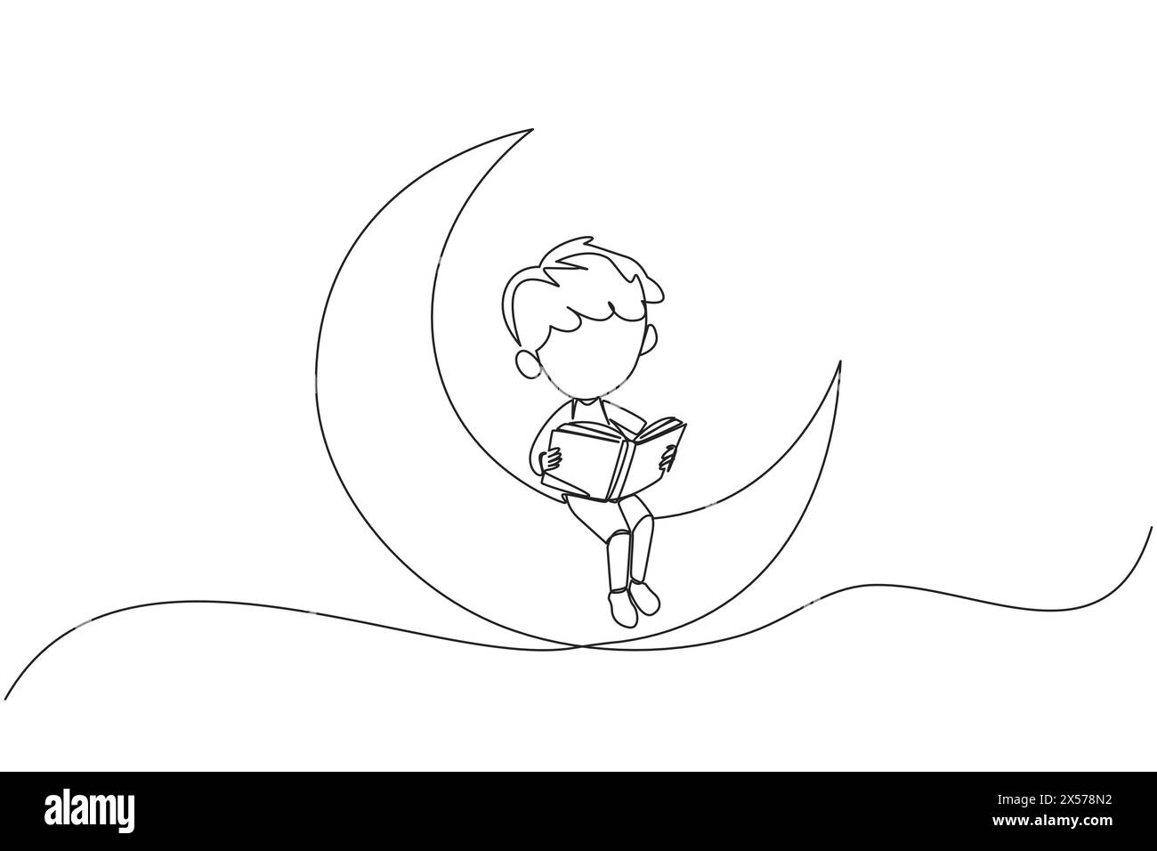 Ligne continue dessinant garçon assis sur le croissant de lune lisant un livre. Métaphore de la lecture d'une histoire de fées avant de dormir. Lire jusqu'à tard. J'aime lire Illustration de Vecteur