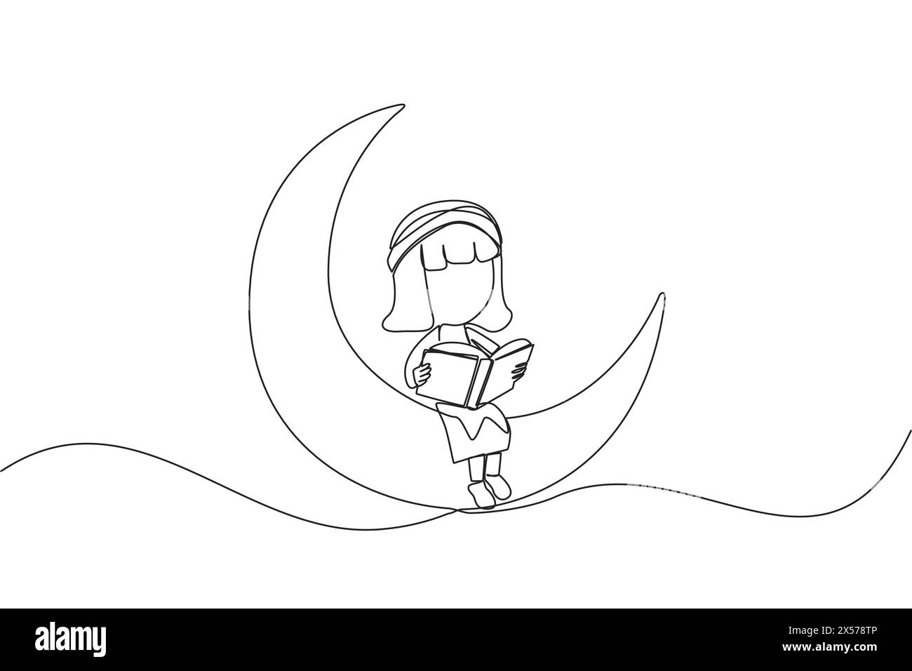 Ligne continue dessinant fille assise sur le croissant de lune lisant un livre. Métaphore de la lecture d'une histoire de fées avant de dormir. Lire jusqu'à tard. Love rea Illustration de Vecteur