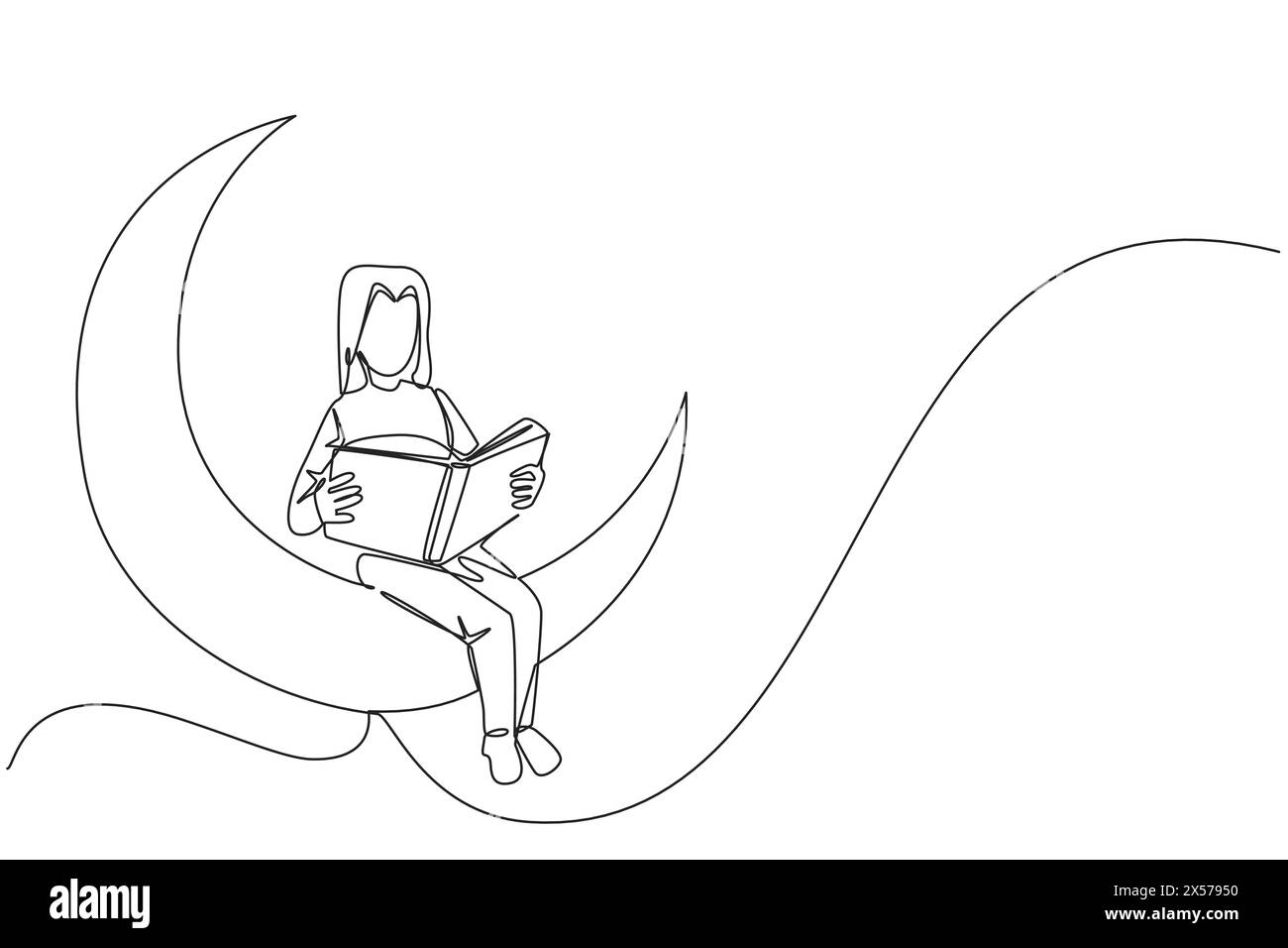 Simple une ligne dessinant femme assise sur le croissant de lune lisant un livre. Métaphore de la lecture d'une histoire de fées avant de dormir. Lire jusqu'à tard. Love readin Illustration de Vecteur