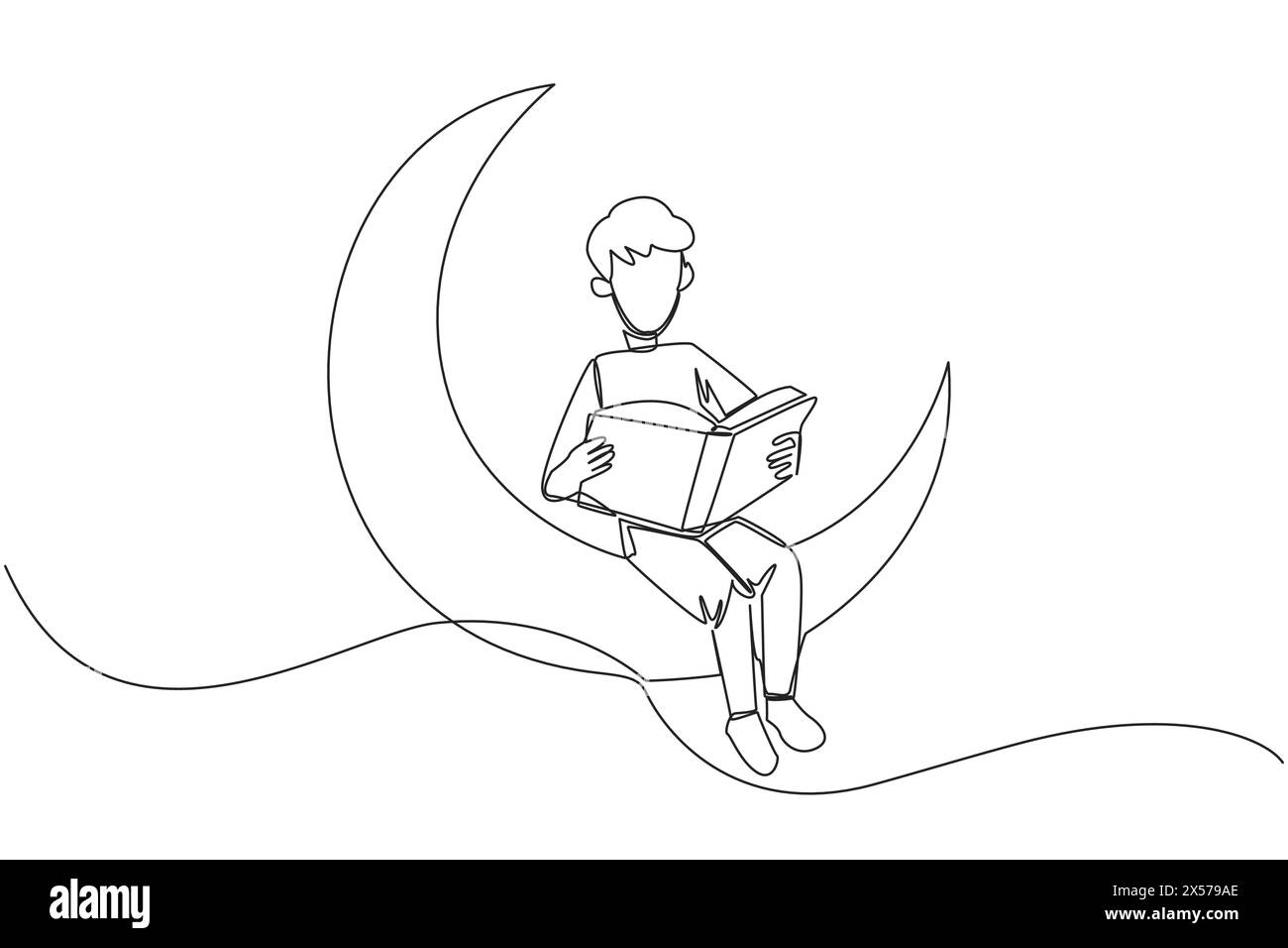 Simple une ligne dessinant homme assis sur le croissant de lune lisant un livre. Métaphore de la lecture d'une histoire de fées avant de dormir. Lire jusqu'à tard. J'adore lire. Illustration de Vecteur