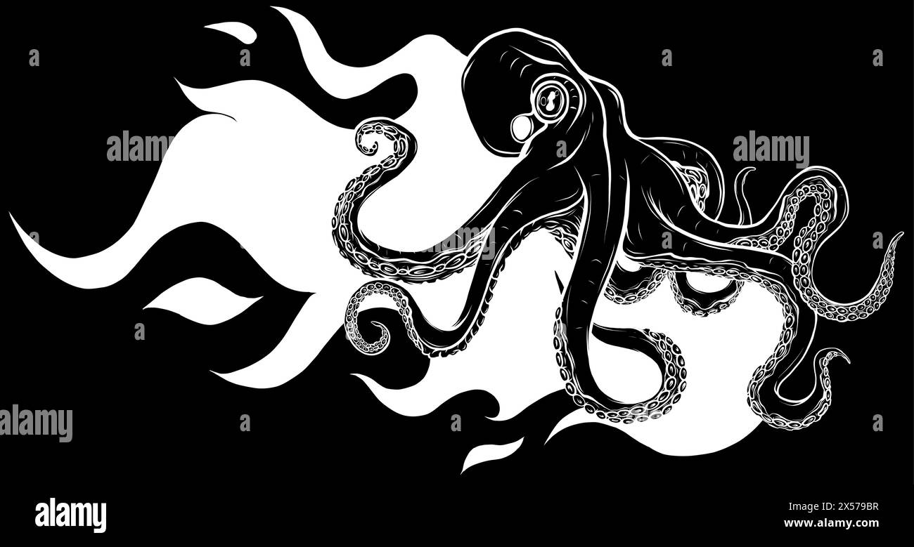 Silhouette blanche de Octopus. Illustration vectorielle de poulpe sur fond noir Illustration de Vecteur