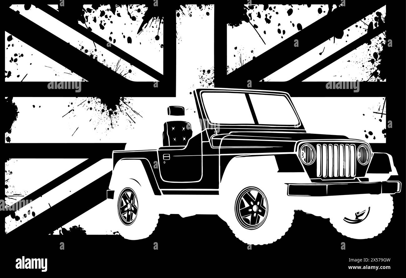 Silhouette blanche de Jeep avec drapeau de londres sur fond noir illustration plate vectorielle Illustration de Vecteur