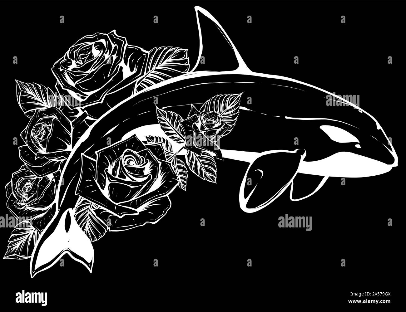 Silhouette blanche d'épaulard avec des roses sur fond noir illustration vectorielle Illustration de Vecteur