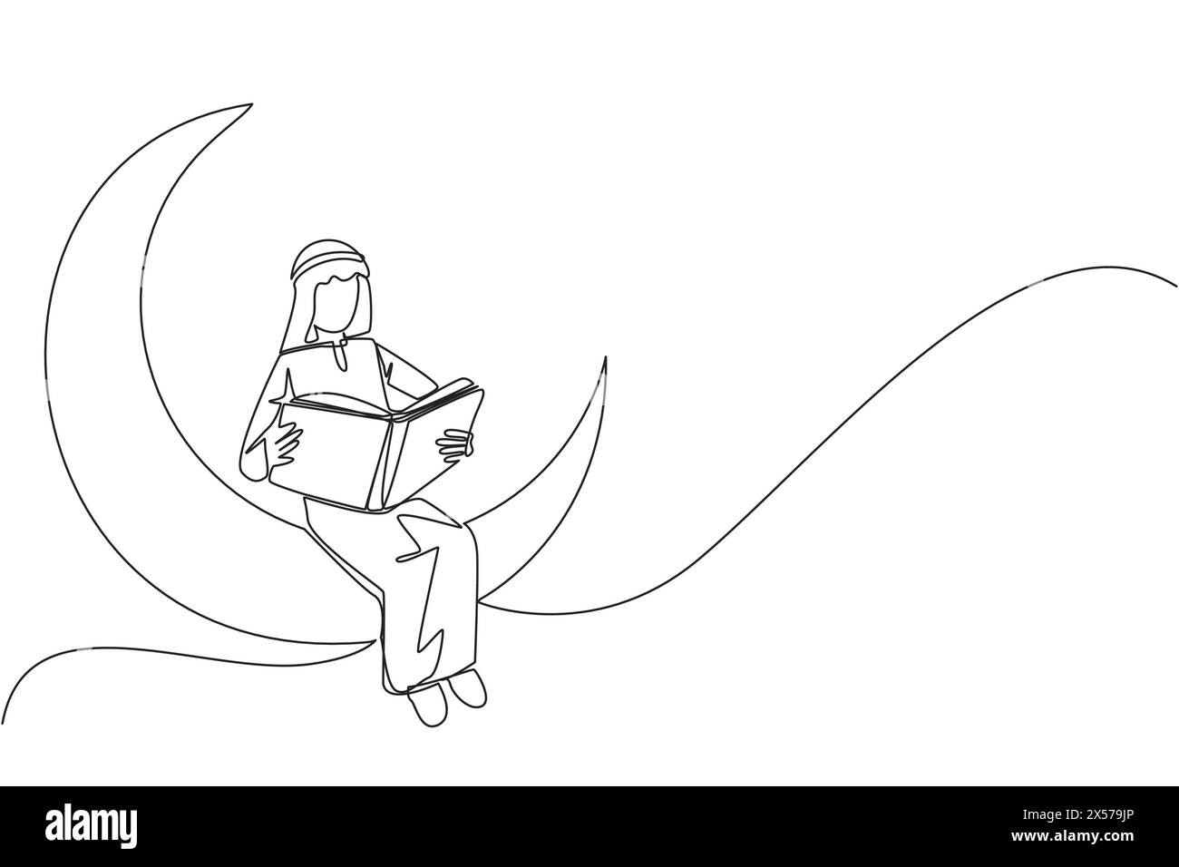 Simple une ligne dessinant un homme arabe assis sur le croissant de lune lisant un livre. Métaphore de la lecture d'une histoire de fées avant de dormir. Lire jusqu'à tard. Love rea Illustration de Vecteur