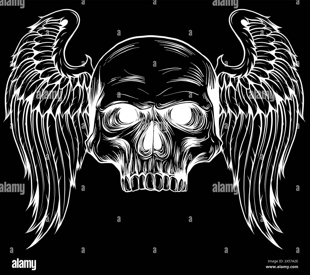 silhouette blanche de tête de crâne d'illustration avec ailes d'ange sur fond noir Illustration de Vecteur