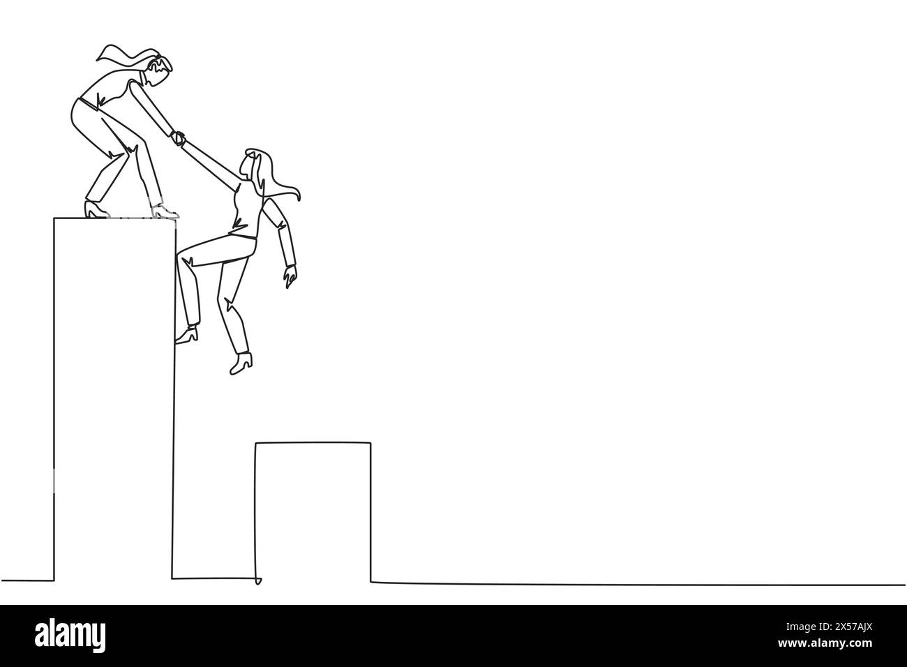 Simple ligne continue dessinant femme d'affaires aide collègue grimpant graphique à barres. Aider à grimper sur un terrain plus élevé. Aller de l'avant et réussir ensemble. Illustration de Vecteur